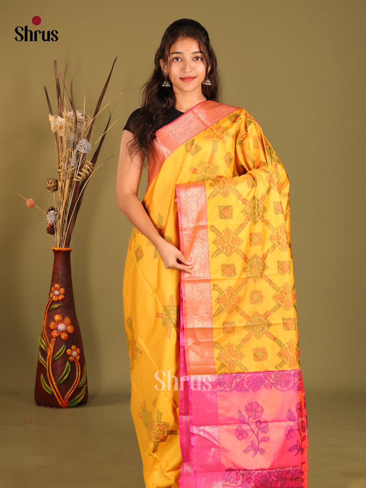 Yellow & Pink  - Semi Pochampally Saree - Shop on Shrus.com