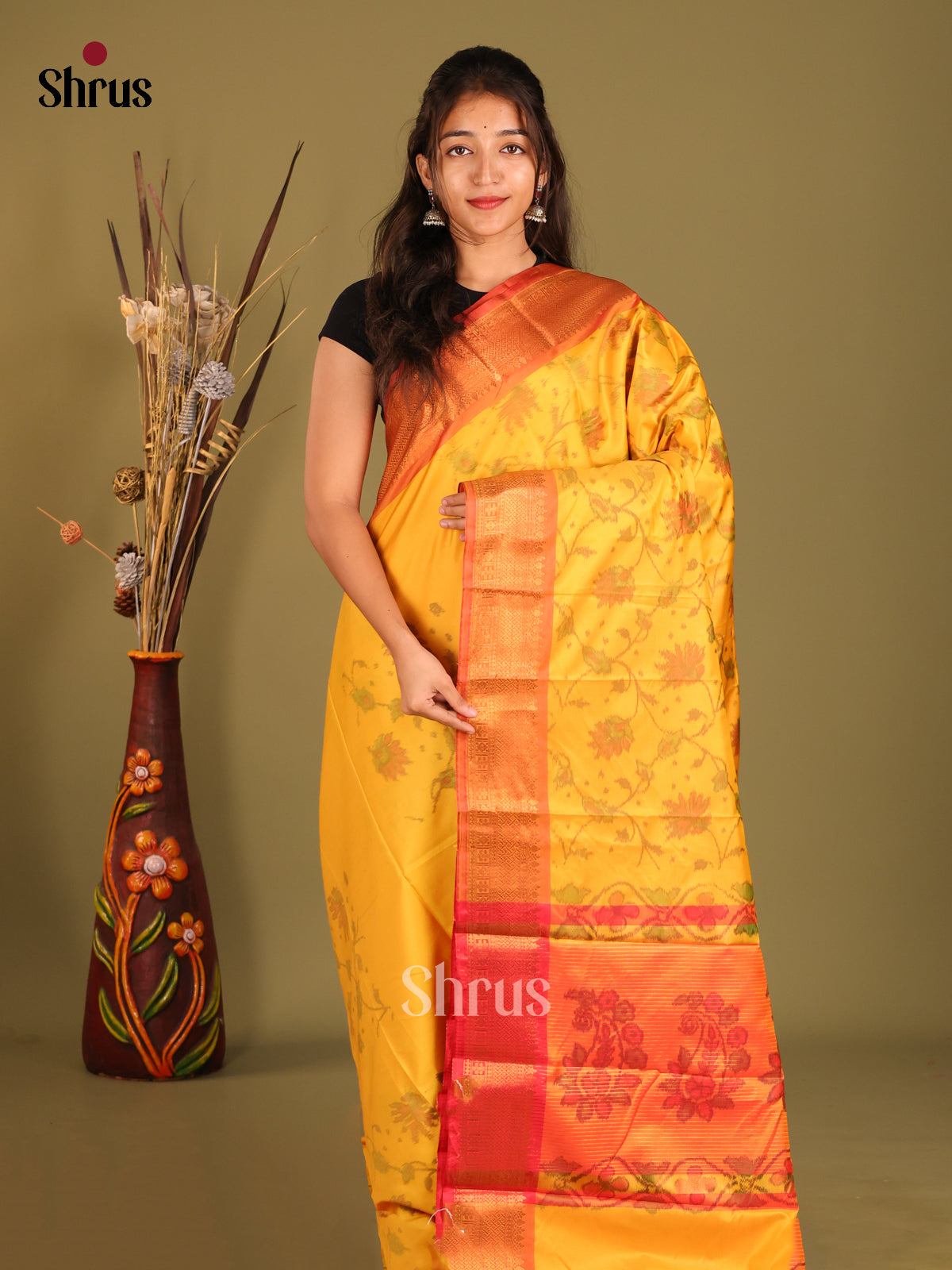 Yellow & Orange  - Semi Pochampally Saree - Shop on Shrus.com