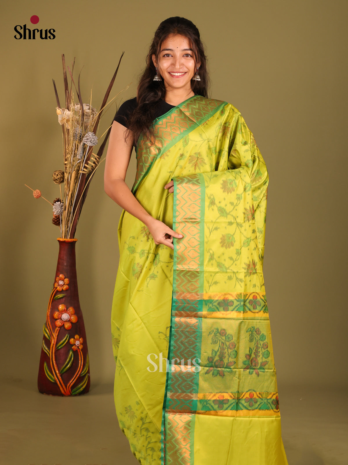 Light Green & Green - Semi Pochampally Saree - Shop on Shrus.com