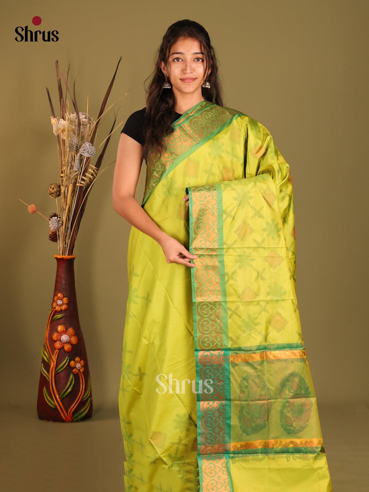 Light Green & green - Semi Pochampally Saree - Shop on Shrus.com
