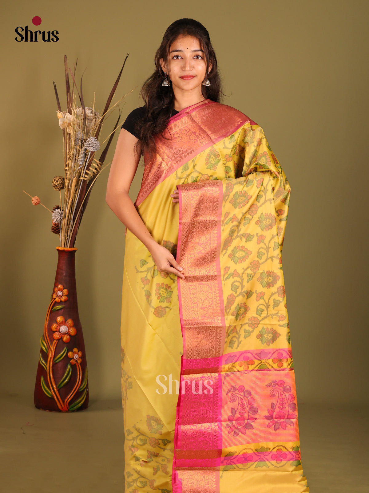 Yellow & Pink - Semi Pochampally Saree - Shop on Shrus.com