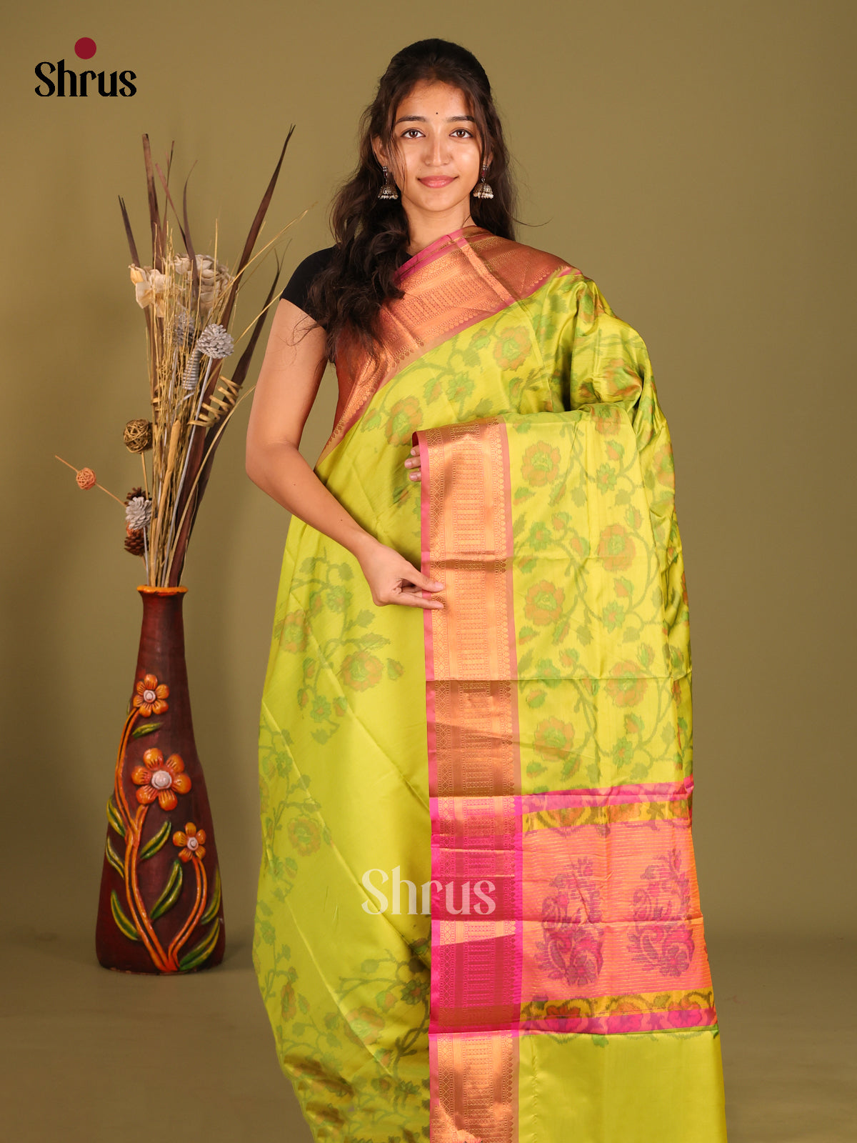 Green & Pink  - Semi Pochampally Saree - Shop on Shrus.com
