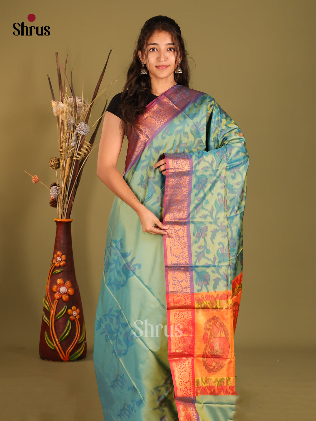 Pastel Green & Purple- Semi Pochampally Saree - Shop on Shrus.com