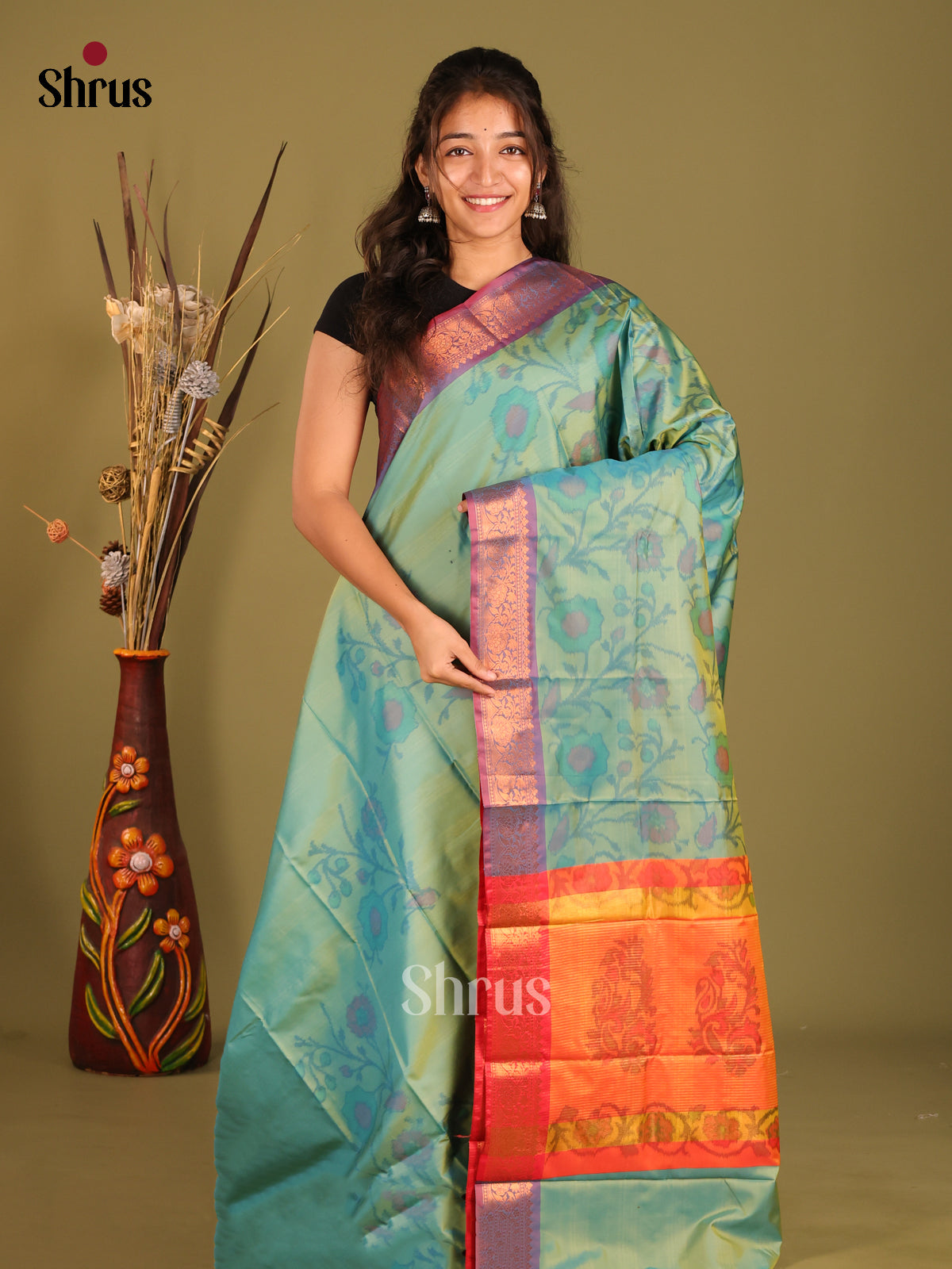Pastel Green & Purple - Semi Pochampally Saree - Shop on Shrus.com