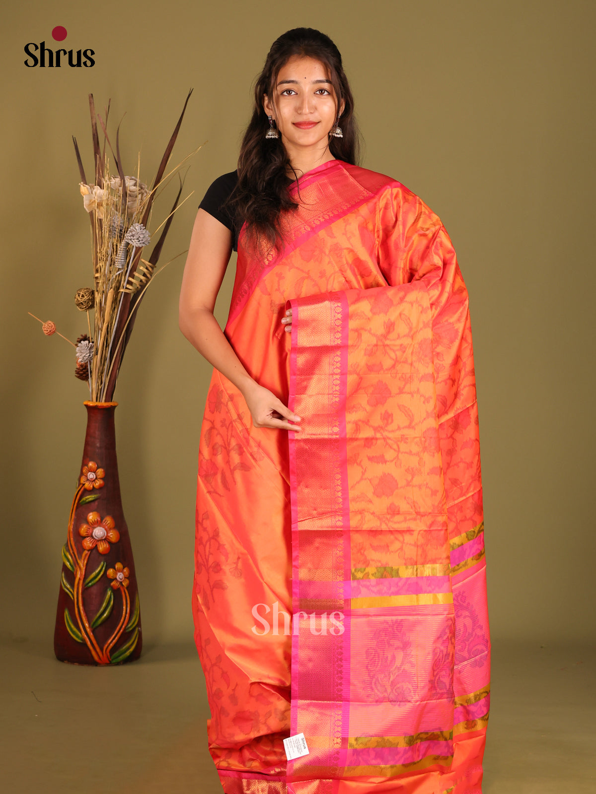 Orange & Pink - Semi Pochampally Saree - Shop on Shrus.com
