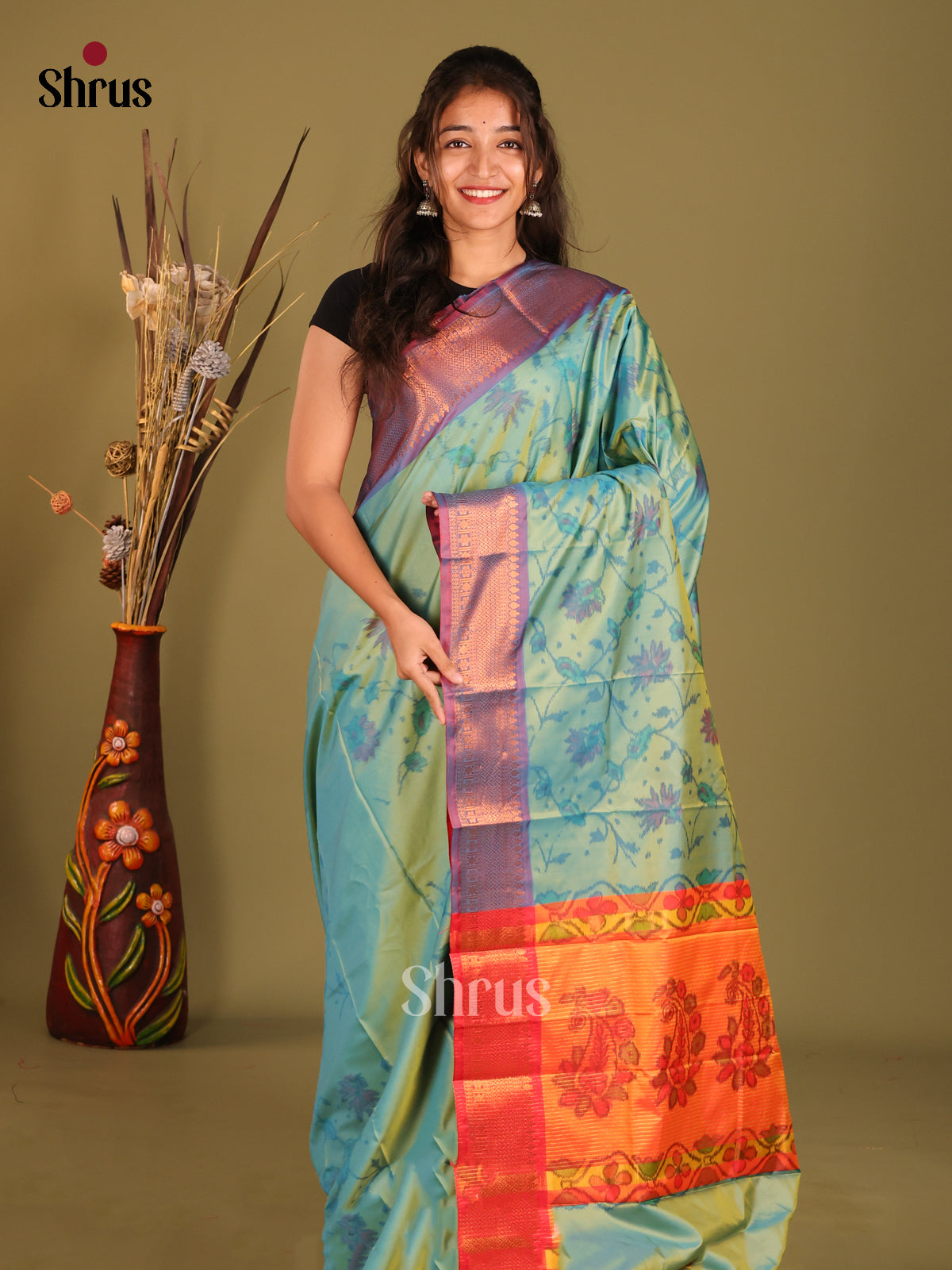 Green & Purple - Semi Pochampally Saree - Shop on Shrus.com