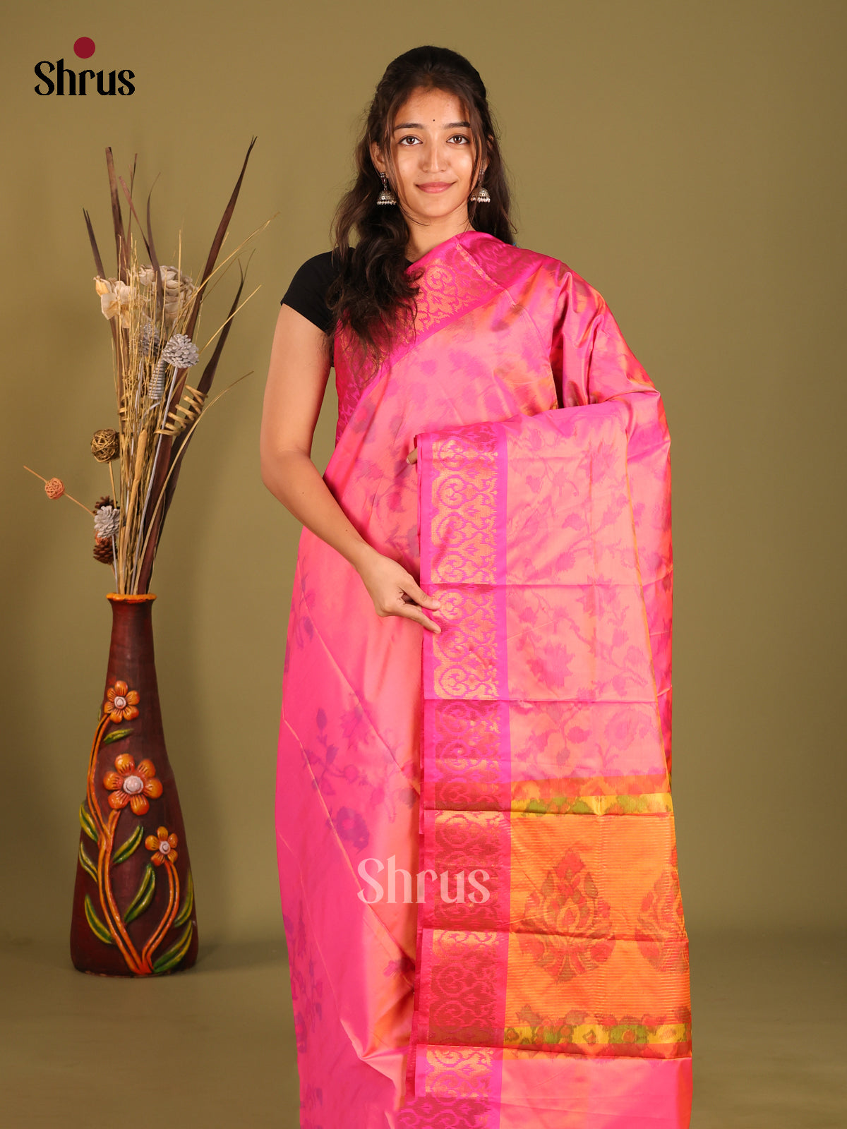 Pink & Orange-  Semi Pochampally Saree - Shop on Shrus.com
