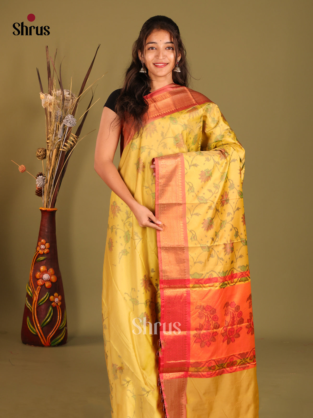 Yellow & Orange- Semi Pochampally Saree - Shop on Shrus.com