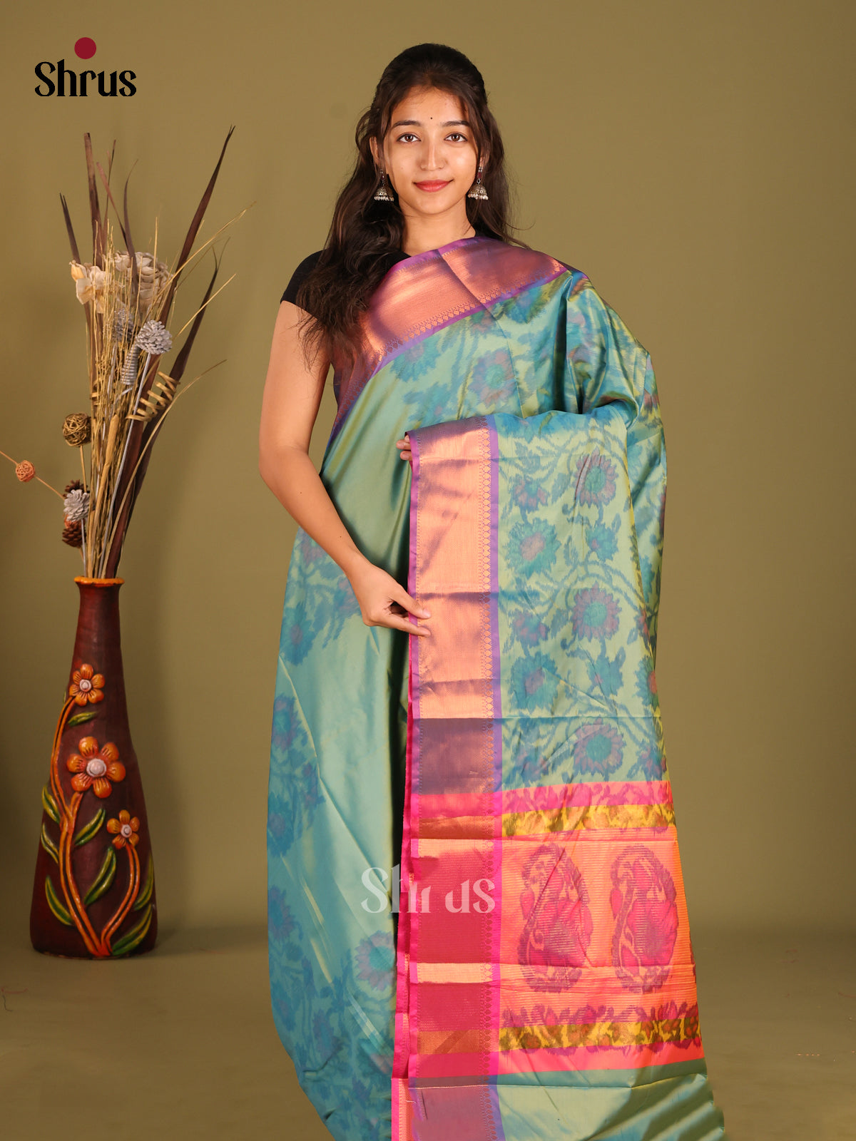 Green & Purple - Semi Pochampally Saree - Shop on Shrus.com