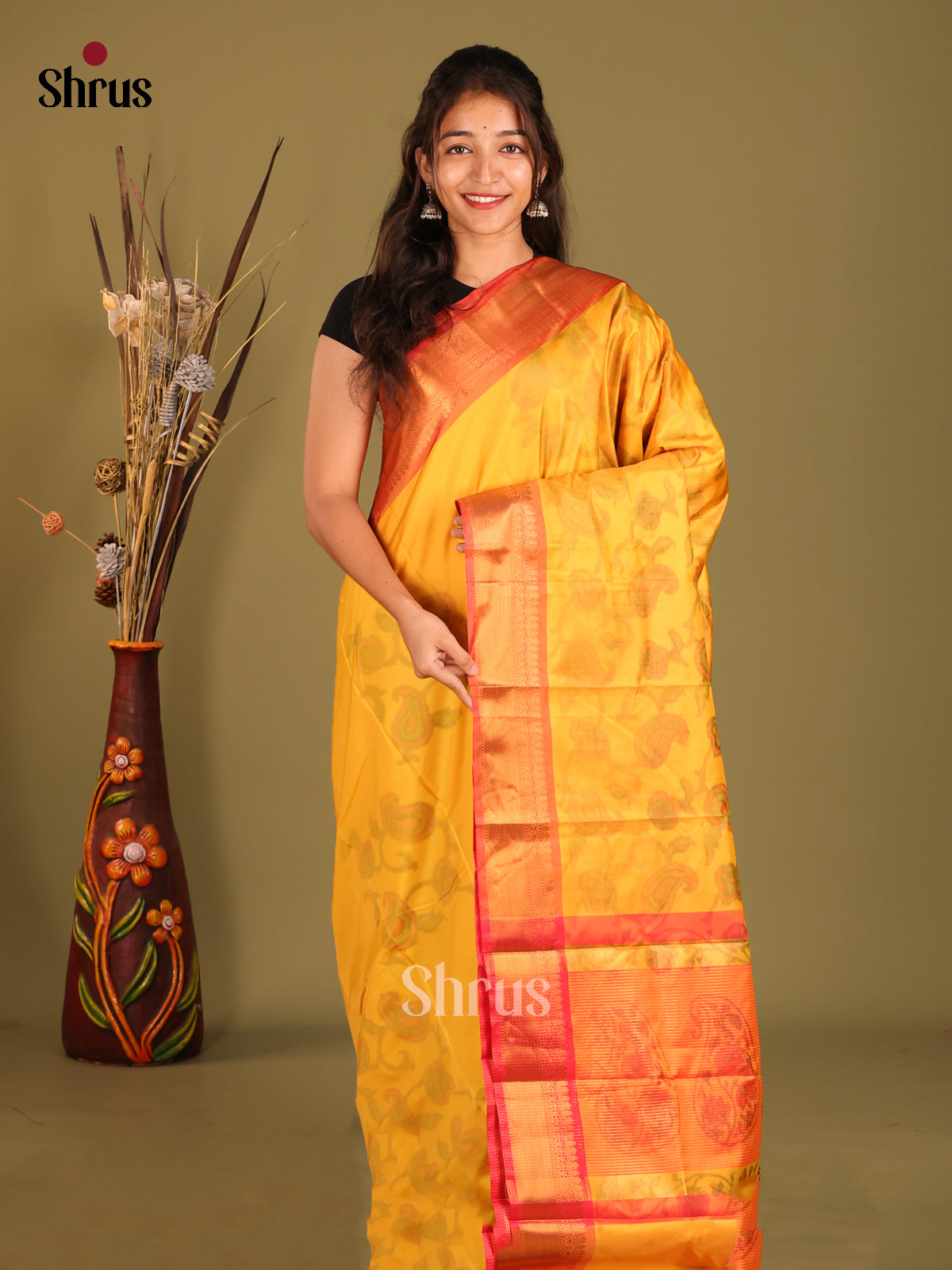 Yellow & Orange - Semi Pochampally Saree - Shop on Shrus.com
