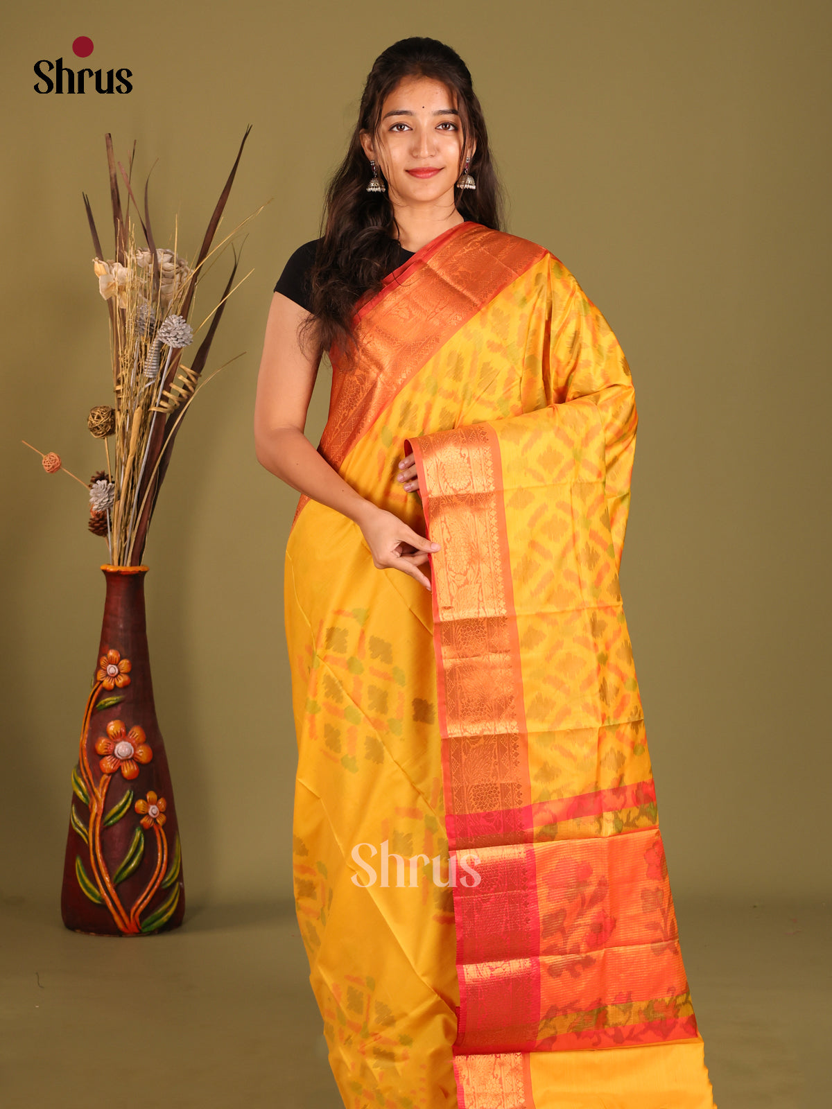 Yellow & Red - Semi Pochampally Saree - Shop on Shrus.com