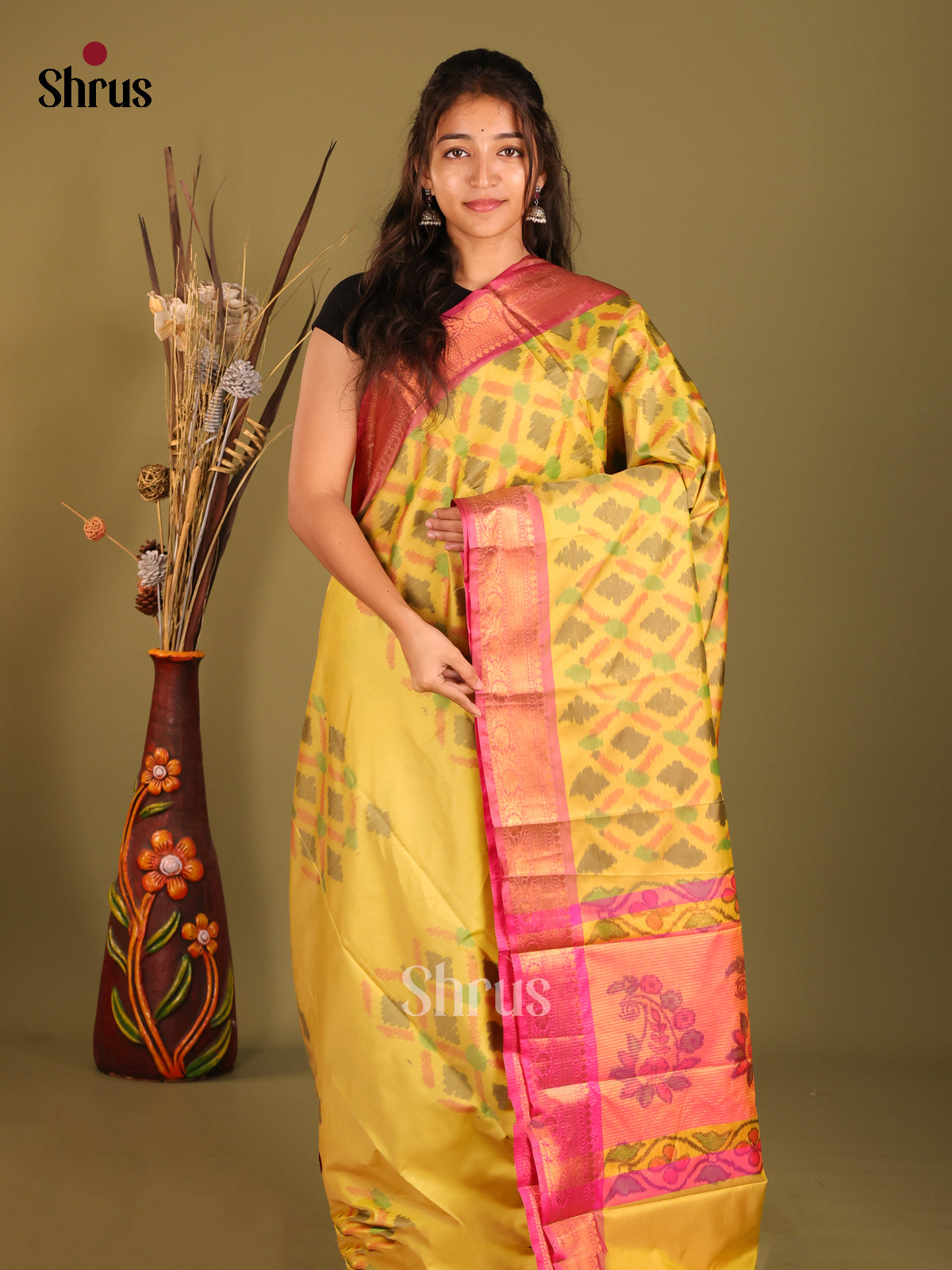 Yellow & Pink- Semi Pochampally Saree - Shop on Shrus.com