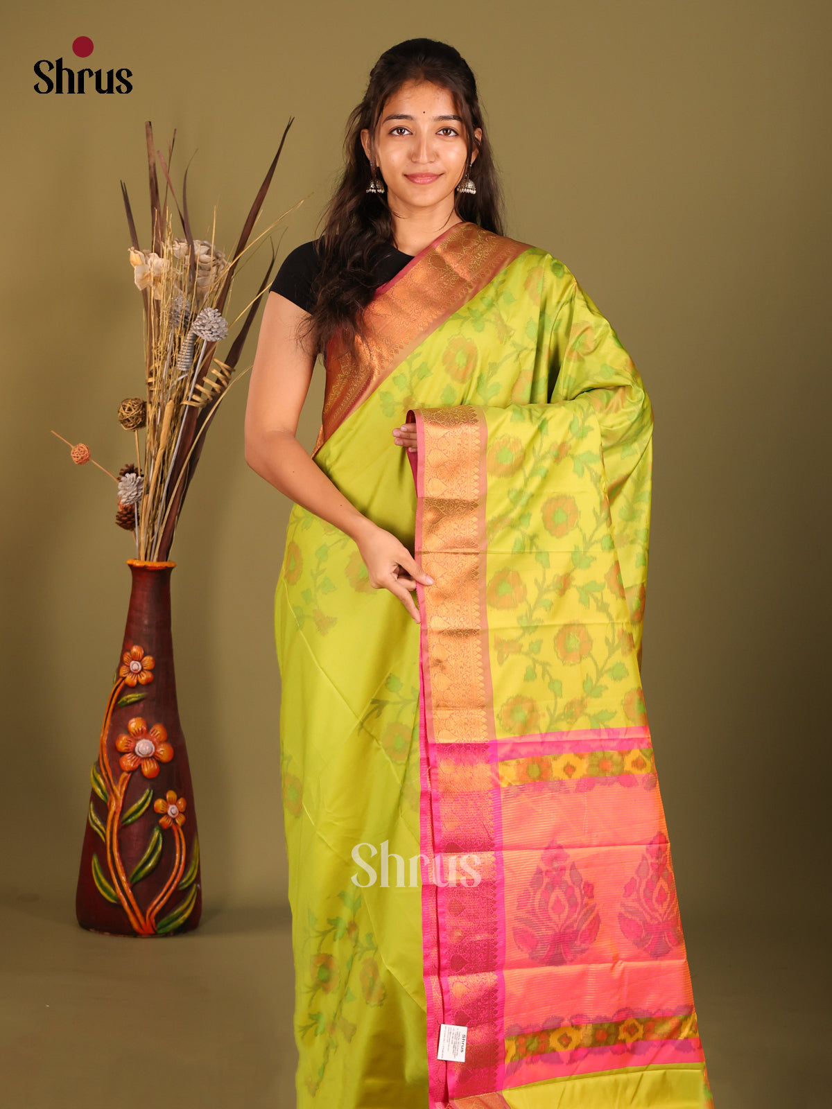 Green & Pink- Semi Pochampally Saree - Shop on Shrus.com