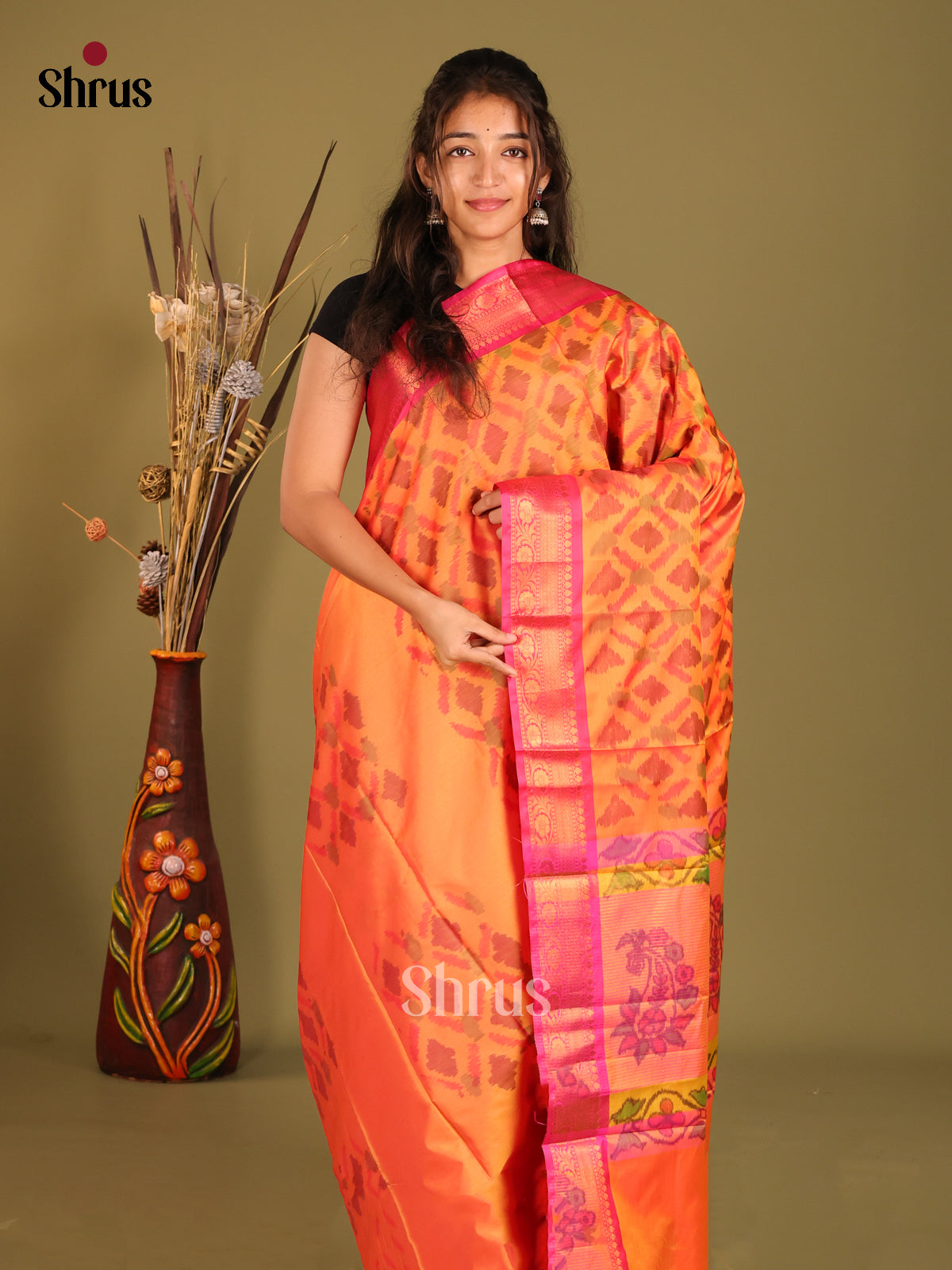 Orange & pink - Semi Pochampally Saree - Shop on Shrus.com