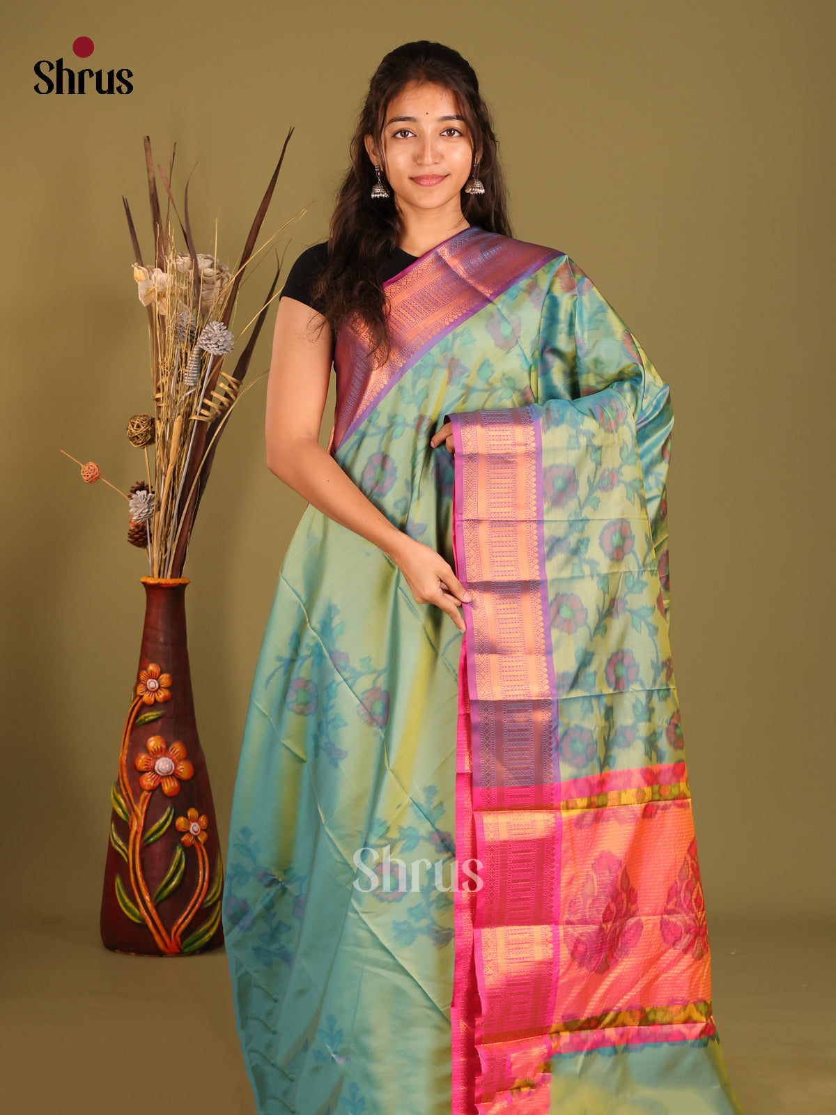 green & Purple- Semi Pochampally Saree - Shop on Shrus.com