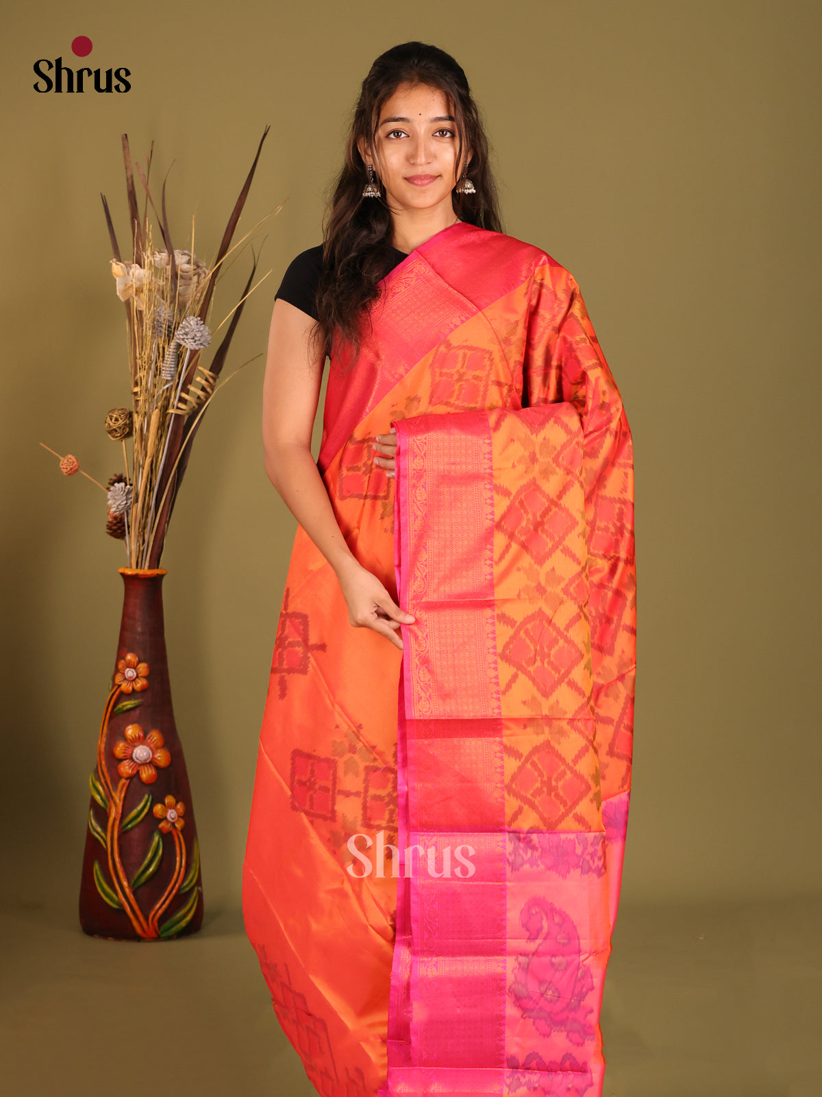 Orange & Pink- Semi Pochampally Saree - Shop on Shrus.com