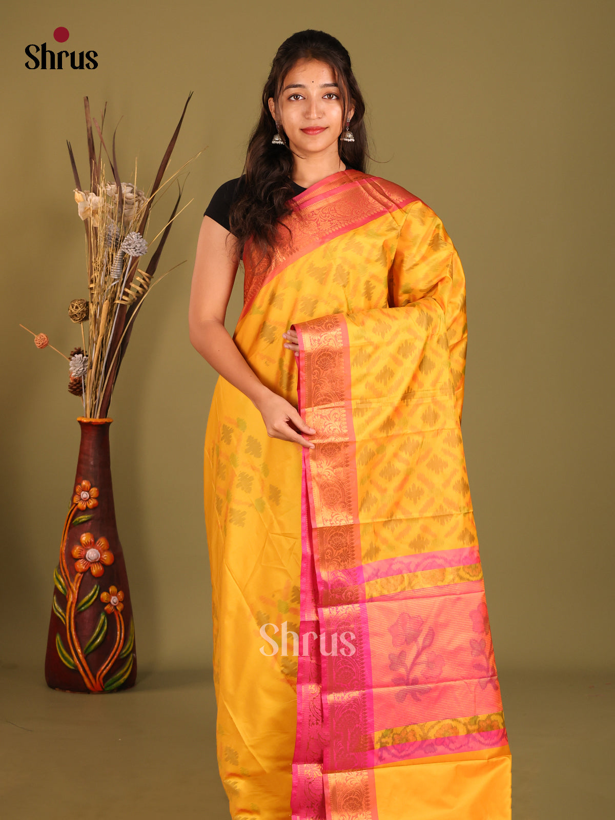 Yellow & Pink - Semi Pochampally Saree - Shop on Shrus.com