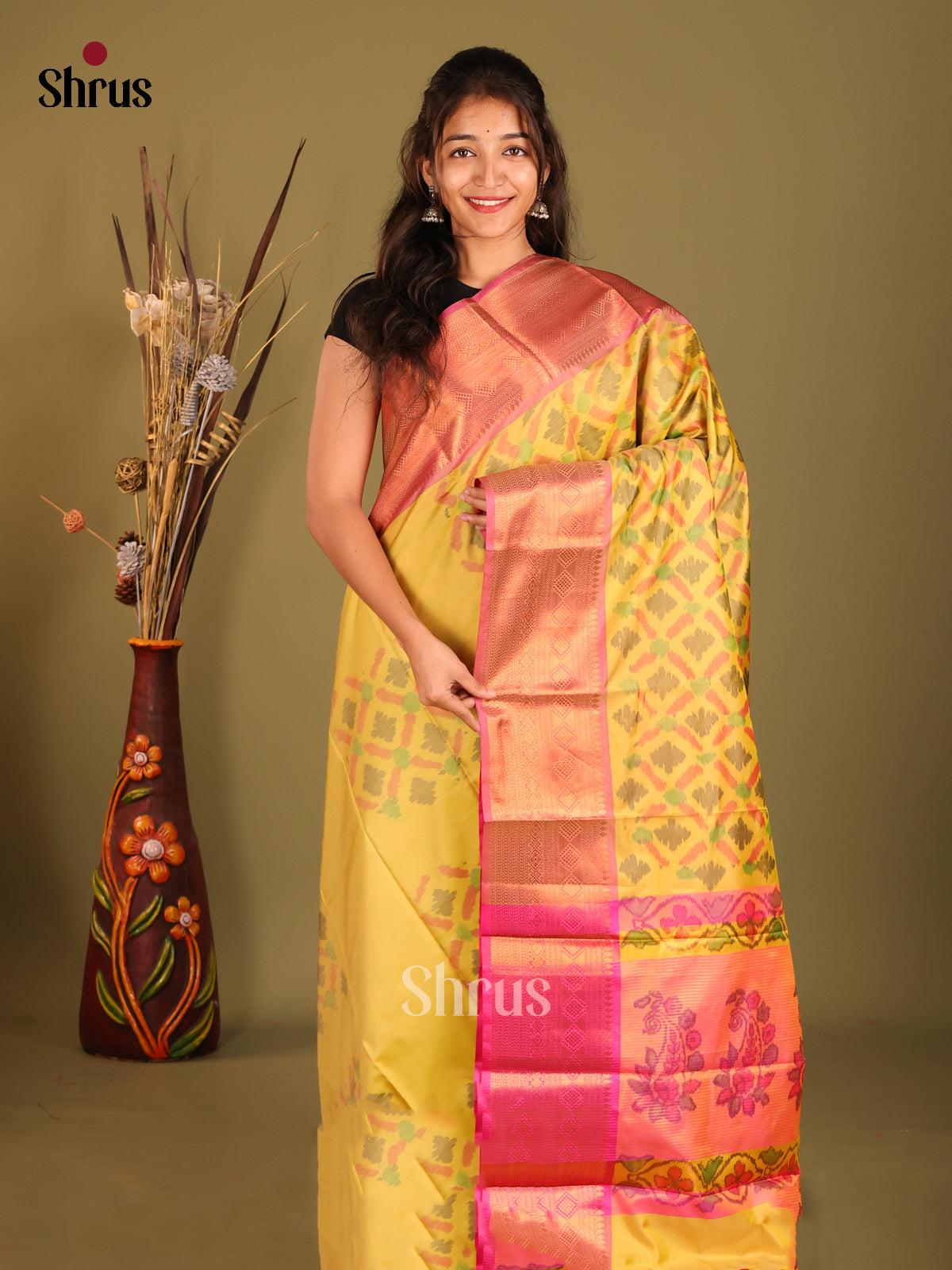 Yellow & Pink- Semi Pochampally Saree - Shop on Shrus.com