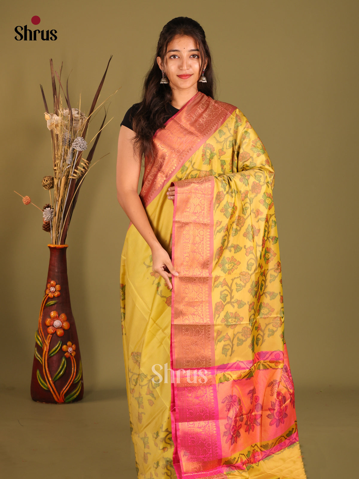 Yellow & Pink - Semi Pochampally Saree - Shop on Shrus.com