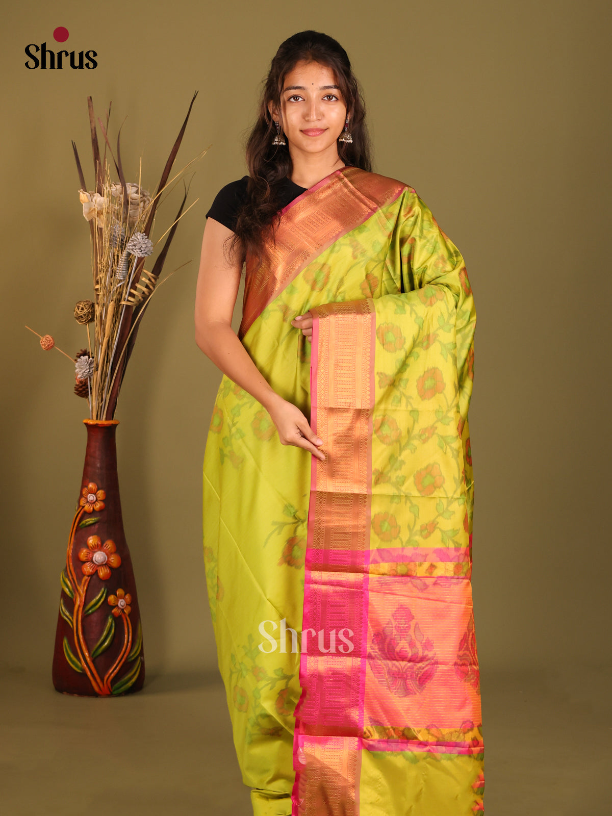 Green & Pink - Semi Pochampally Saree - Shop on Shrus.com