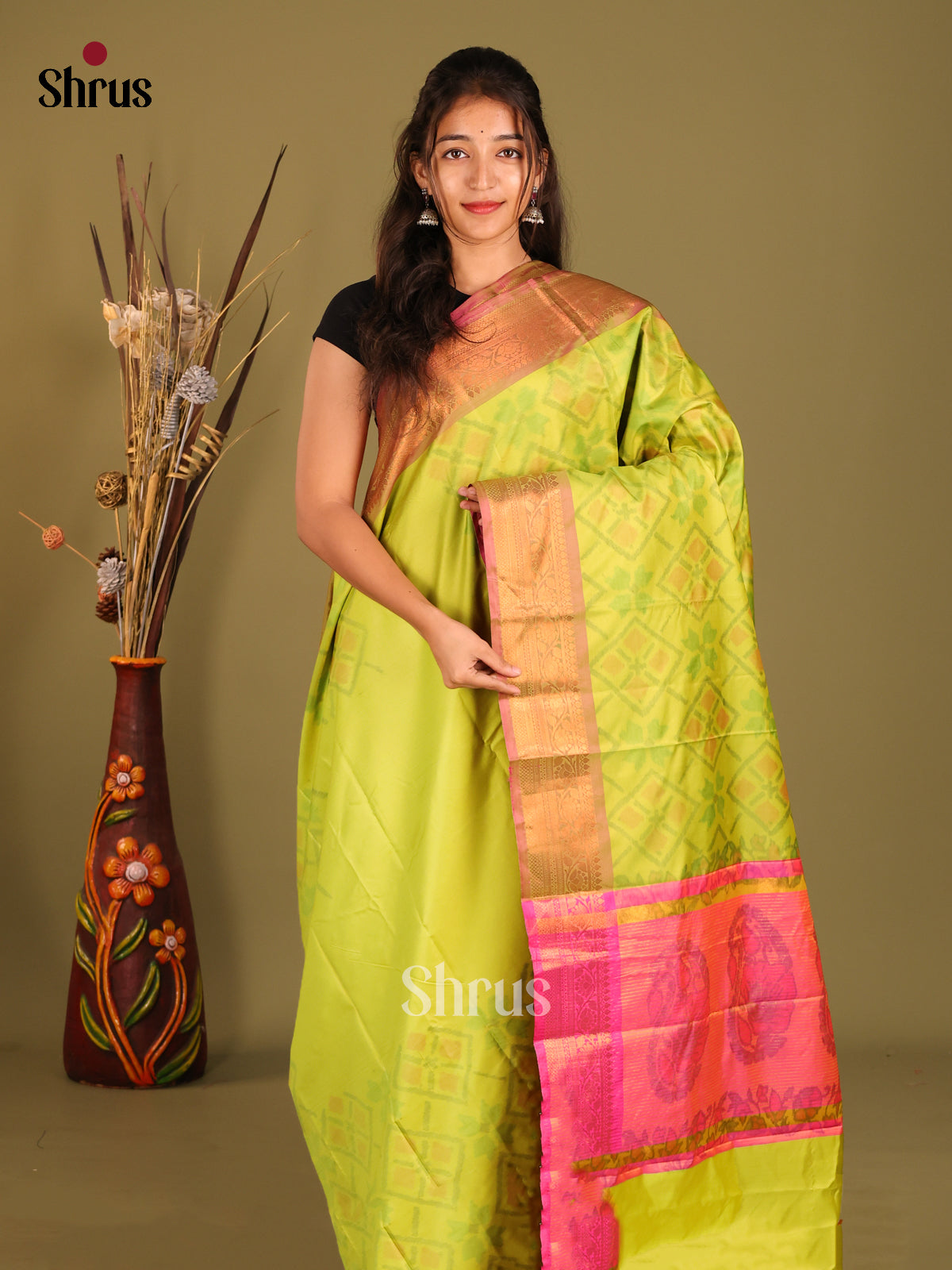 Green & Pink - Semi Pochampally Saree - Shop on Shrus.com