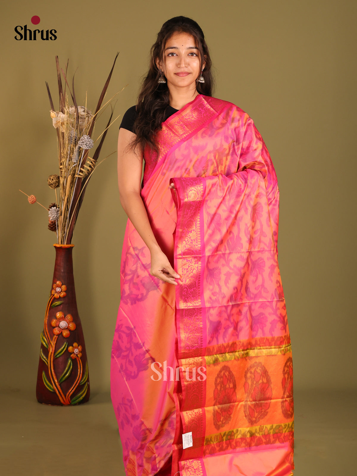 Pink & Orange - Semi Pochampally Saree - Shop on Shrus.com