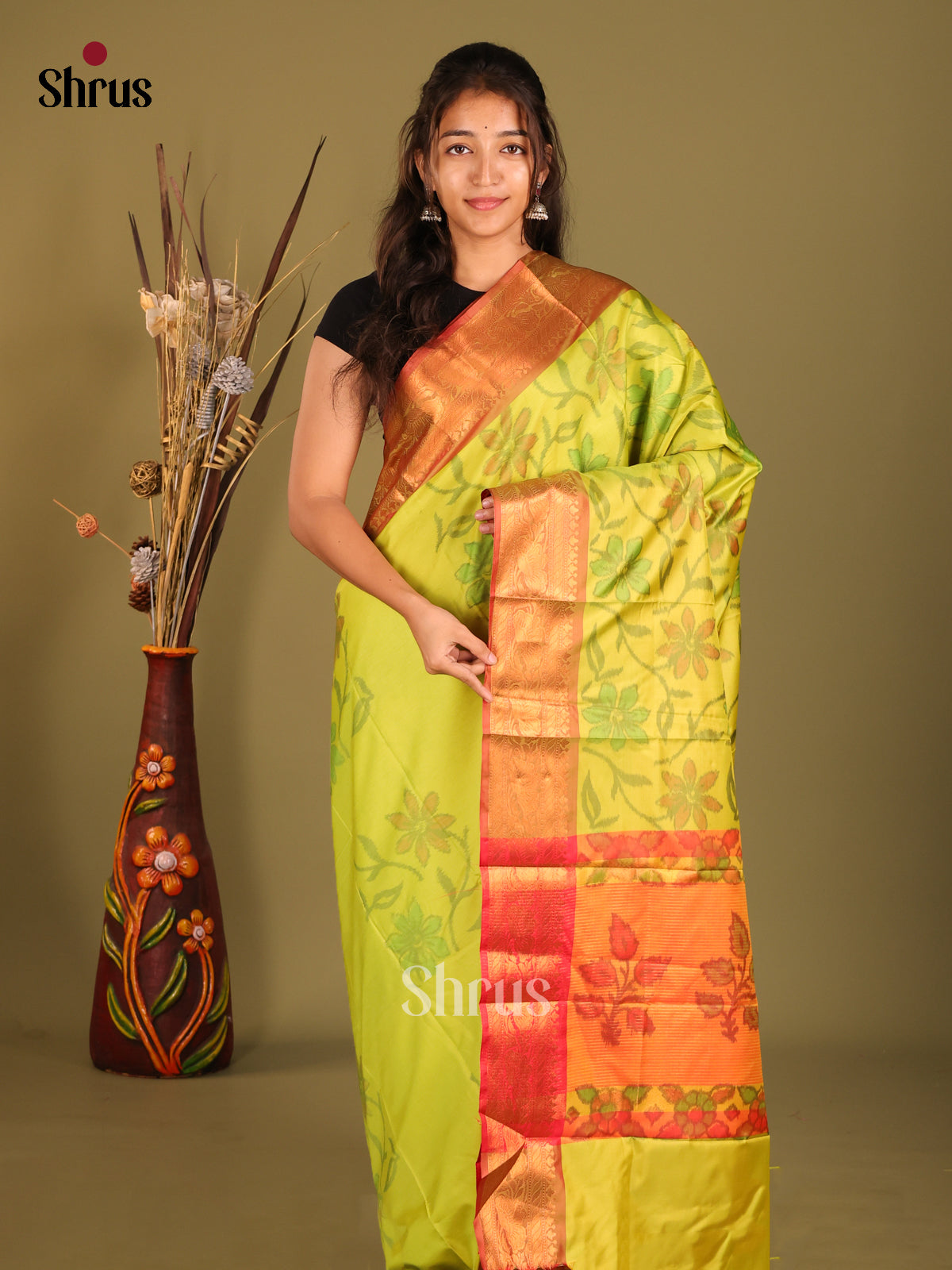 Green & Orange - Semi Pochampally Saree - Shop on Shrus.com