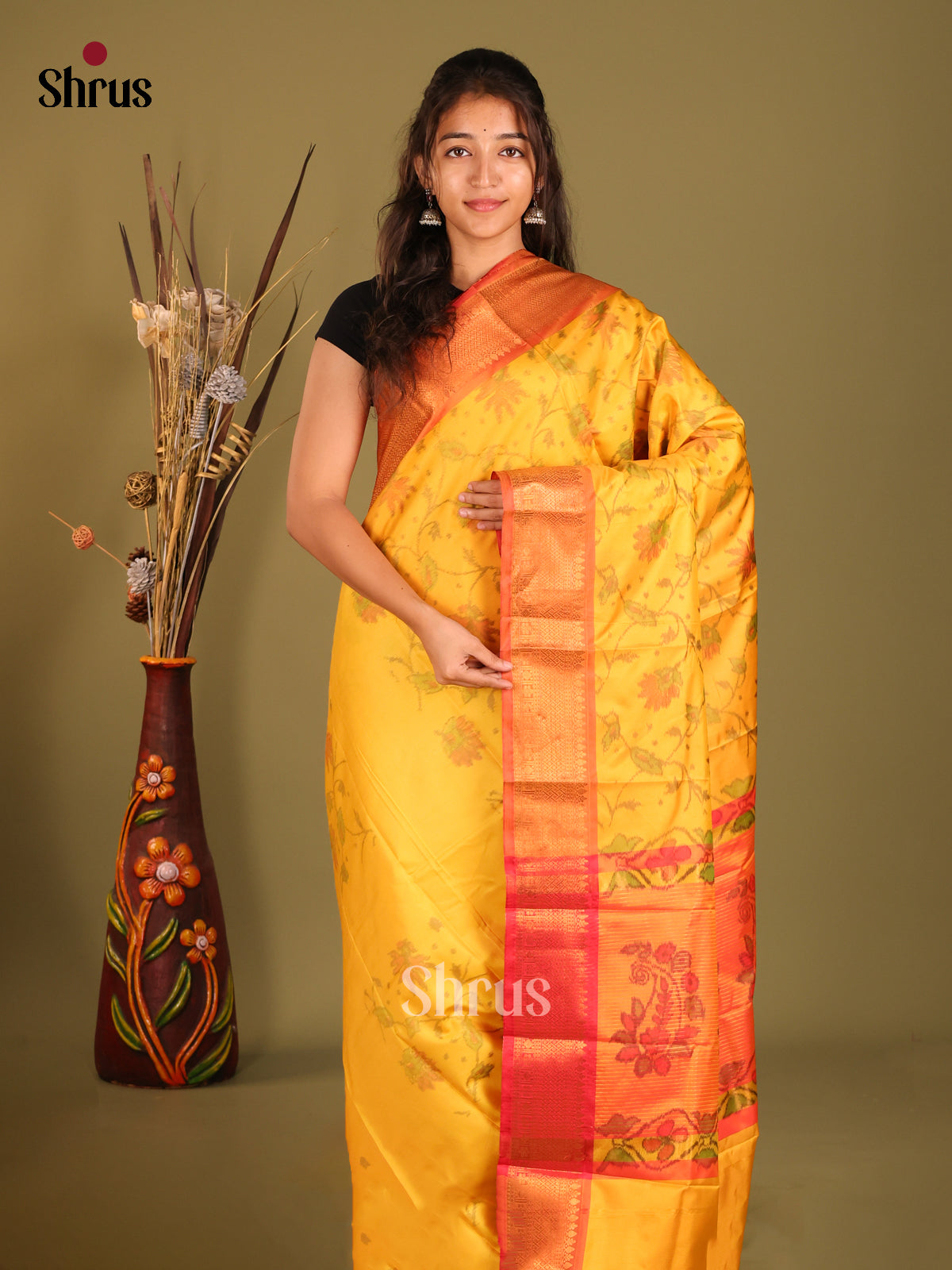 Yellow & Pink - Semi Pochampally Saree - Shop on Shrus.com