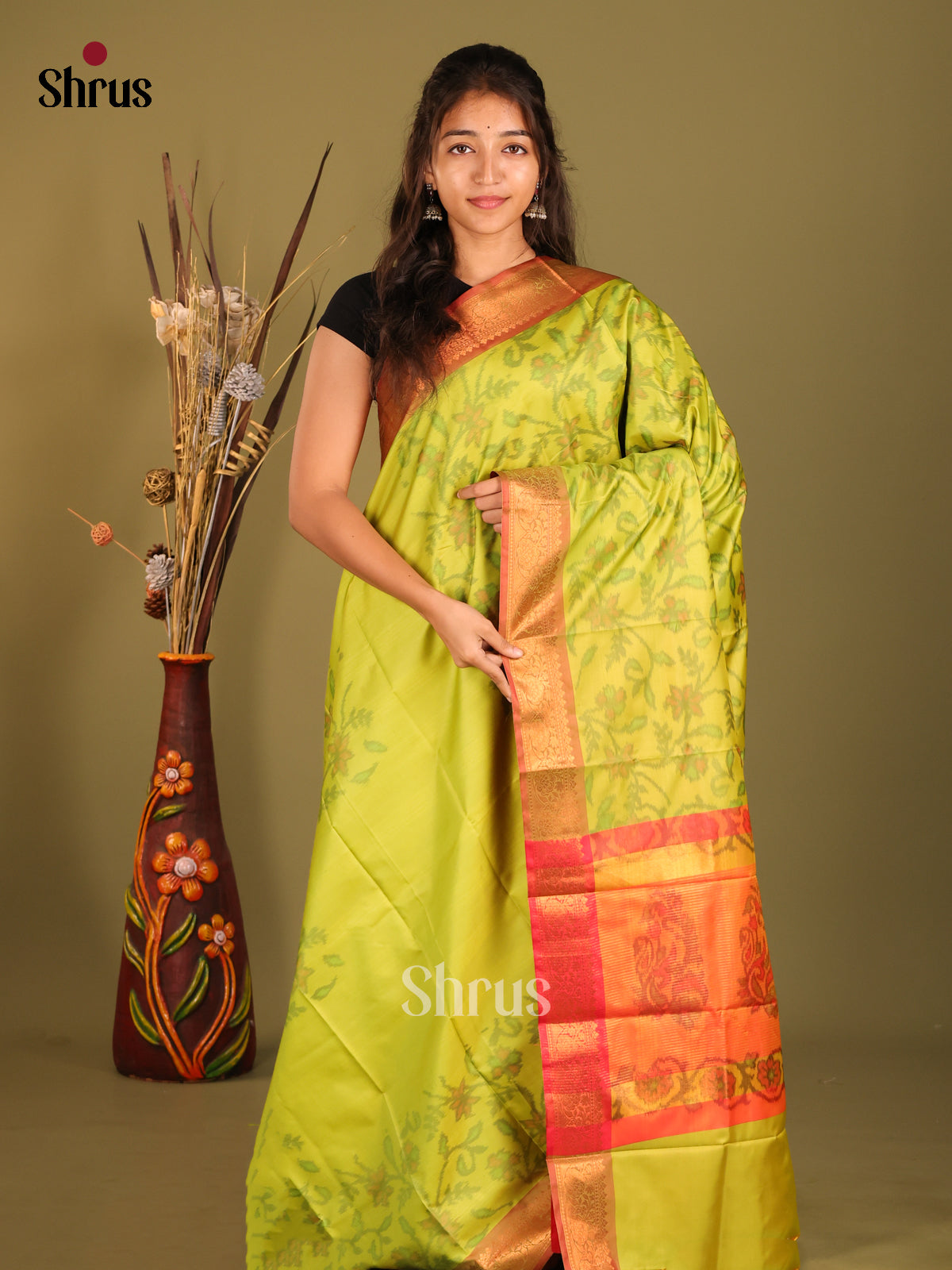 Green & Orange - Semi Pochampally Saree - Shop on Shrus.com