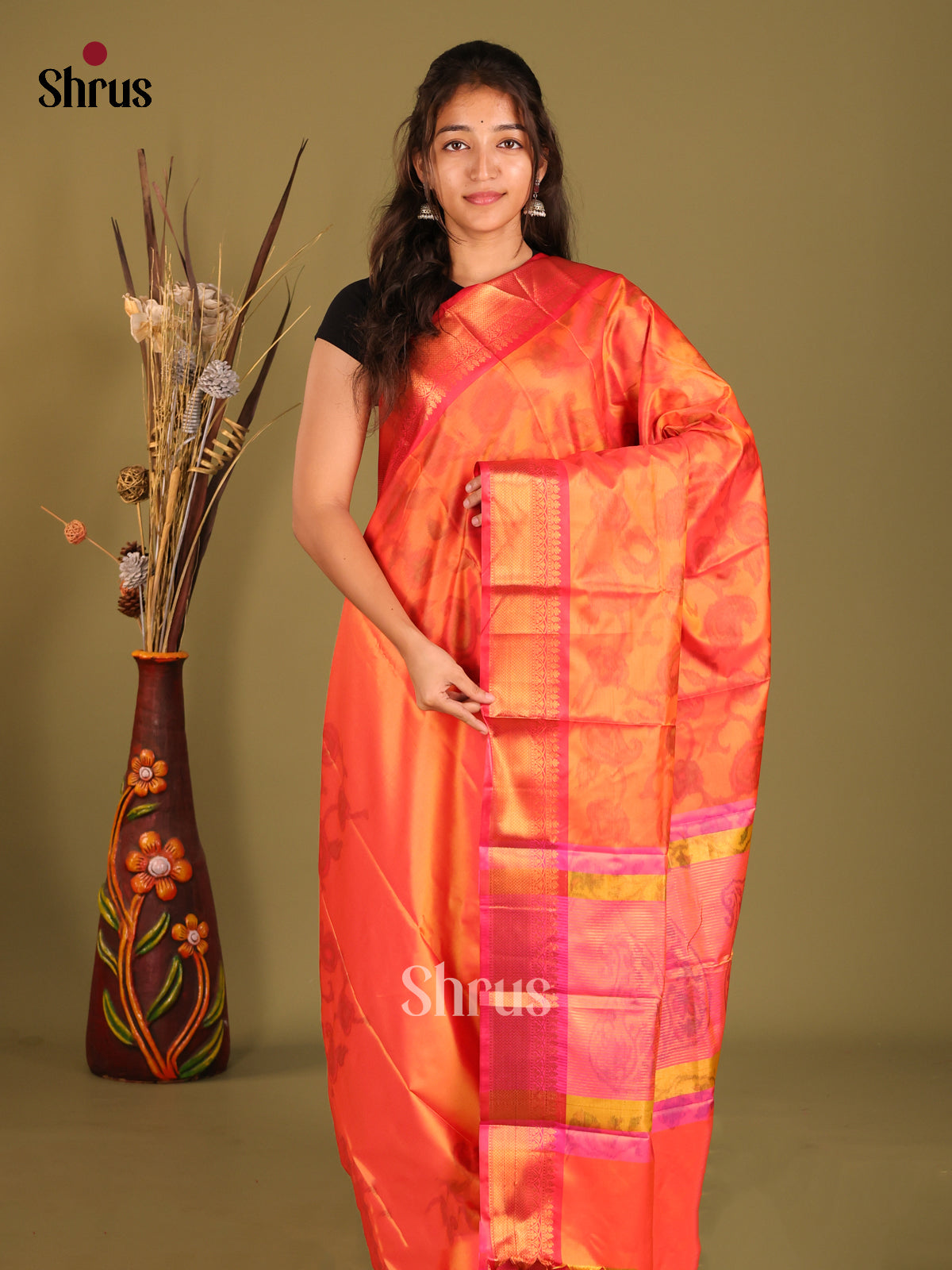Orange  & Pink - Semi Pochampally Saree - Shop on Shrus.com