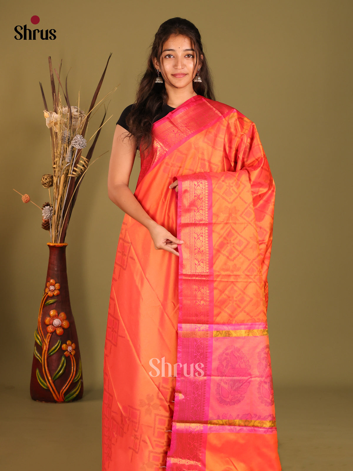 Orange & Pink- Semi Pochampally Saree - Shop on Shrus.com