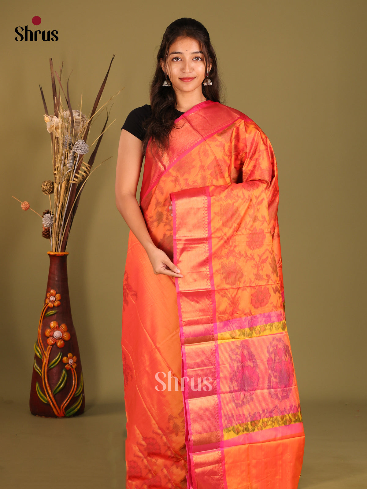 Orange & Pink - Semi Pochampally Saree - Shop on Shrus.com
