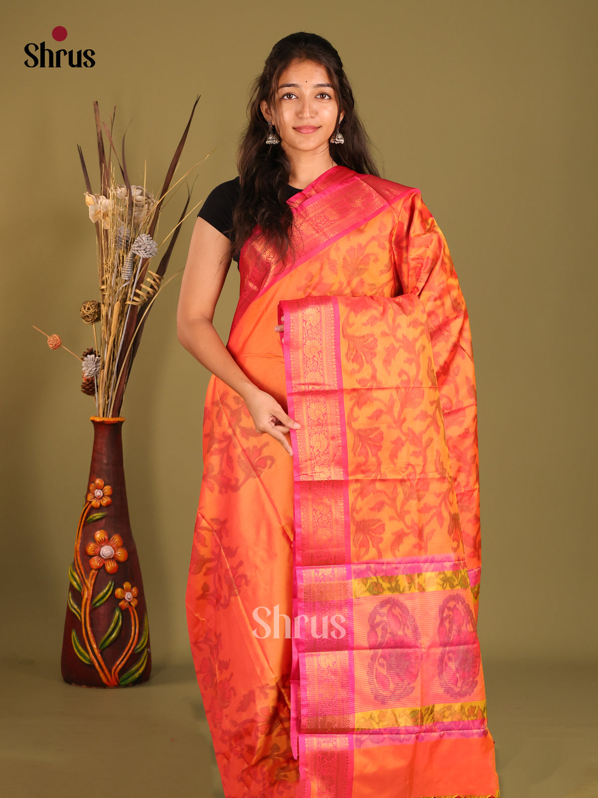 Orange & Pink - Semi Pochampally Saree - Shop on Shrus.com