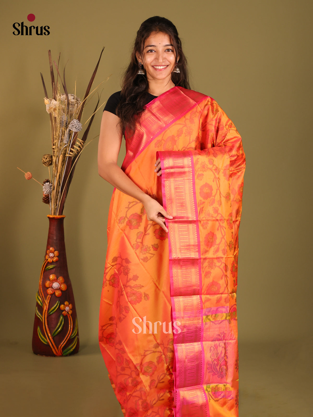 Orange & Pink- Semi Pochampally Saree - Shop on Shrus.com