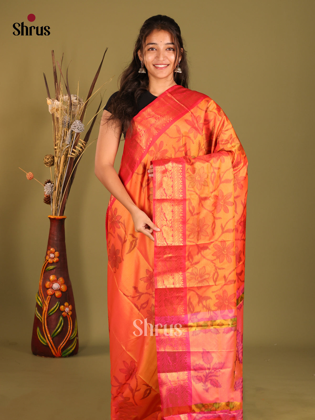 Orange & Pink- Semi Pochampally Saree - Shop on Shrus.com