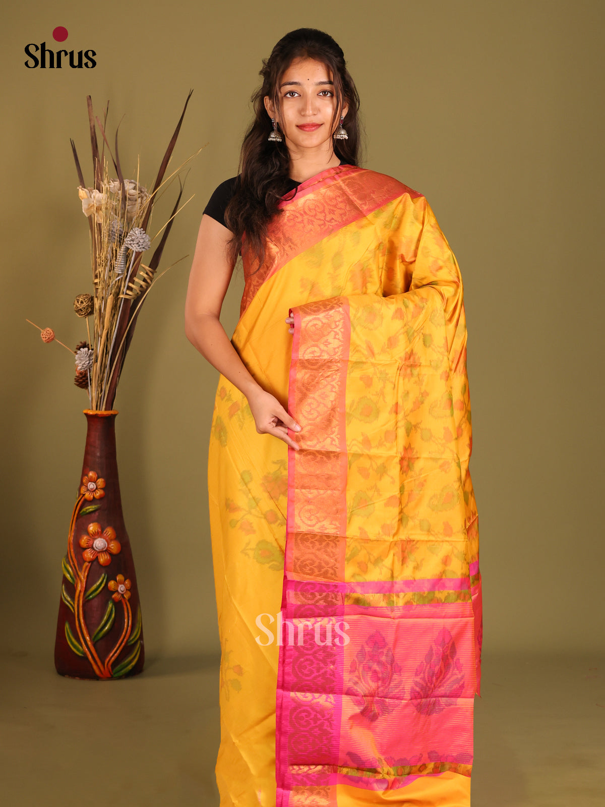 Yellow & Pink- Semi Pochampally Saree - Shop on Shrus.com