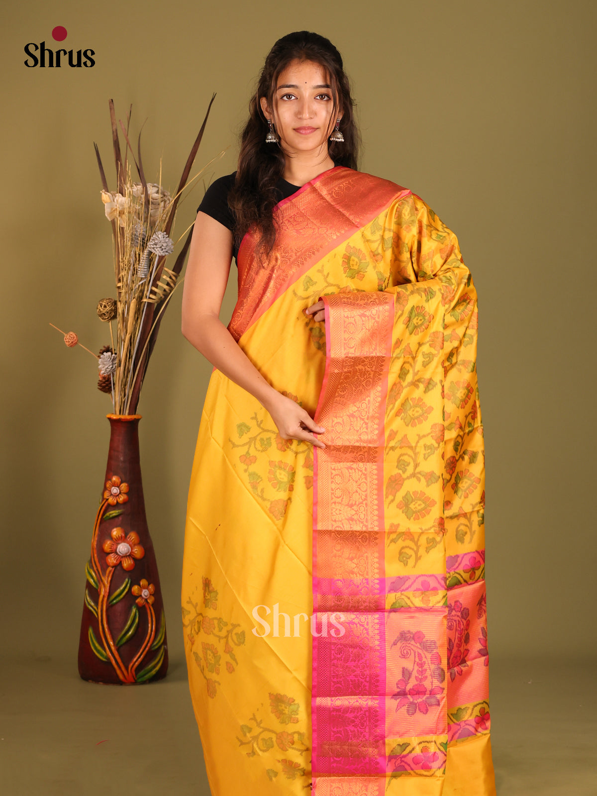 Yellow & Pink - Semi Pochampally Saree - Shop on Shrus.com