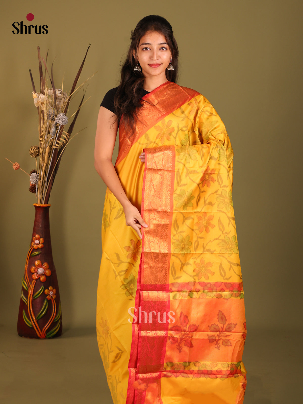 Yellow & Red - Semi Pochampally Saree - Shop on Shrus.com