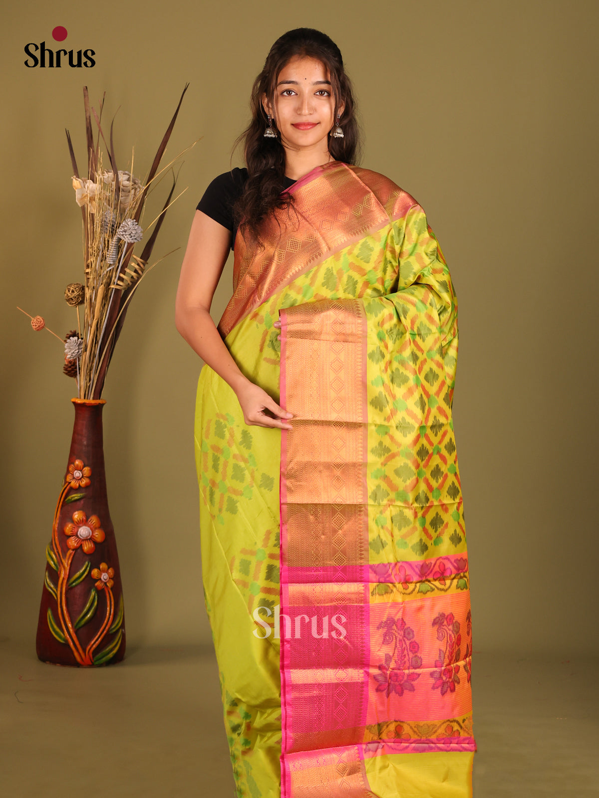 Light Green & Pink - Semi Pochampally Saree - Shop on Shrus.com