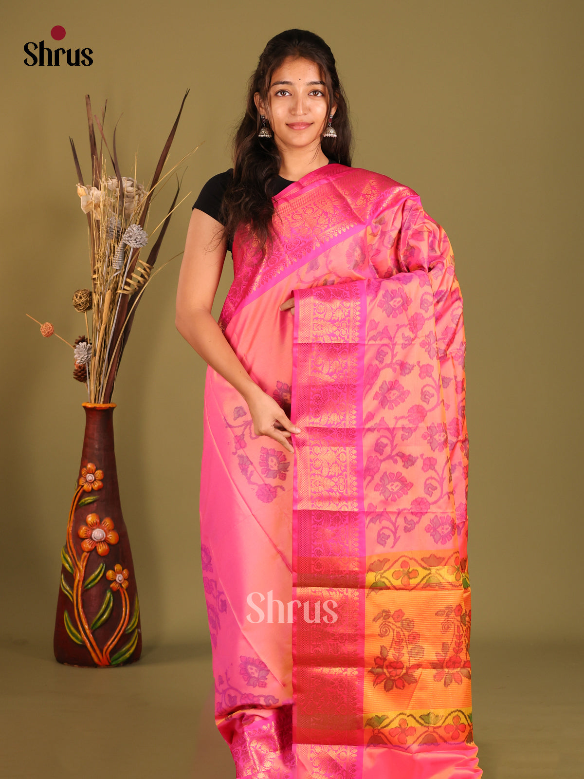 Pink & Orange - Semi Pochampally Saree - Shop on Shrus.com