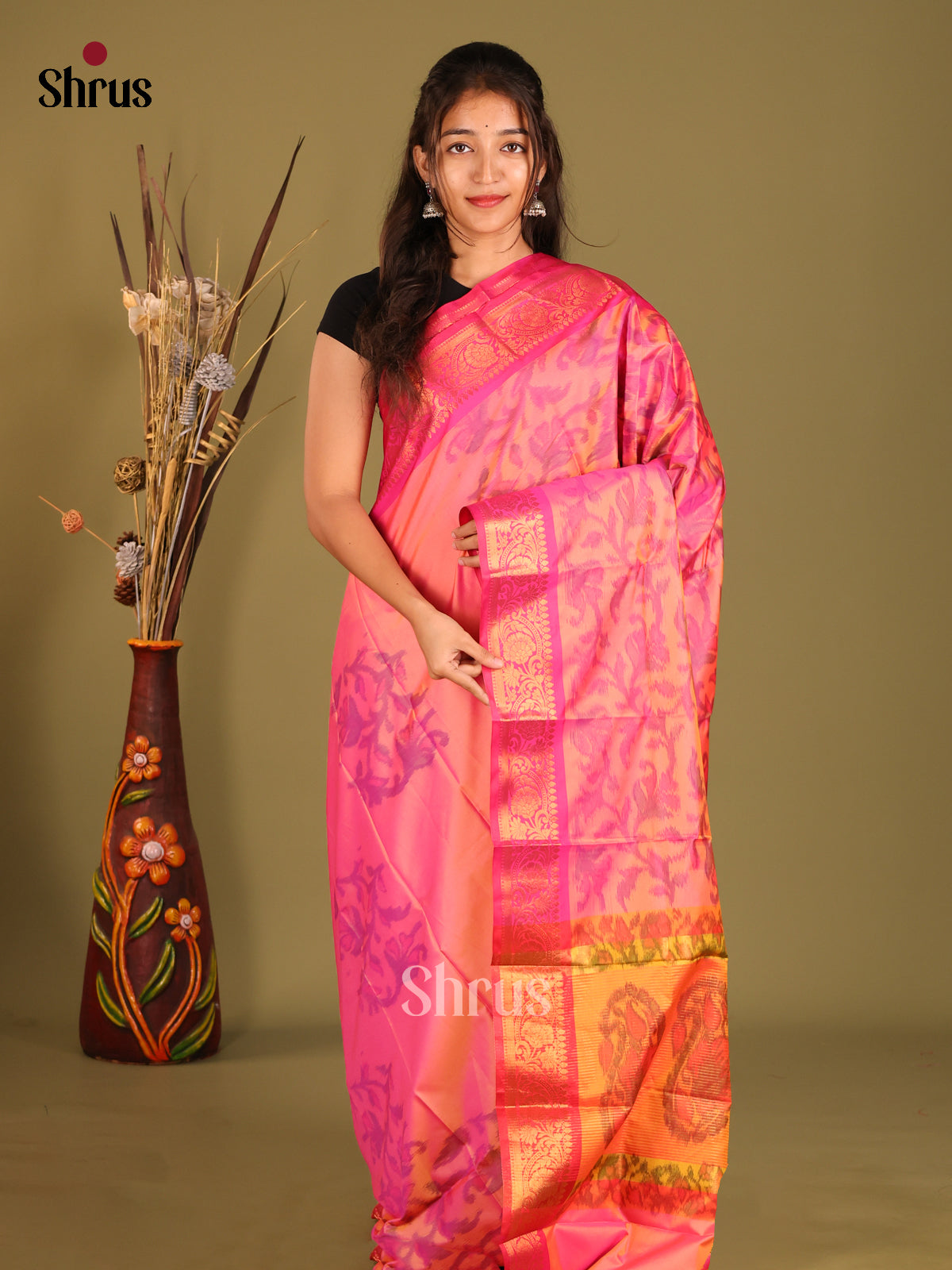 Pink & Orange - Semi Pochampally Saree - Shop on Shrus.com