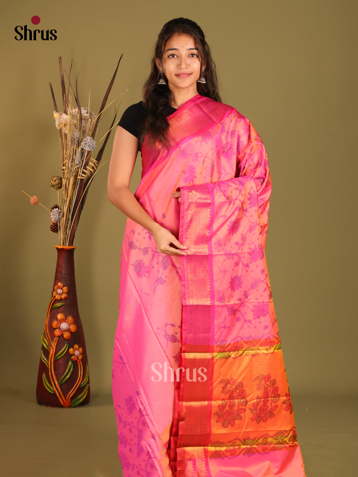 Pink & Orange - Semi Pochampally Saree - Shop on Shrus.com