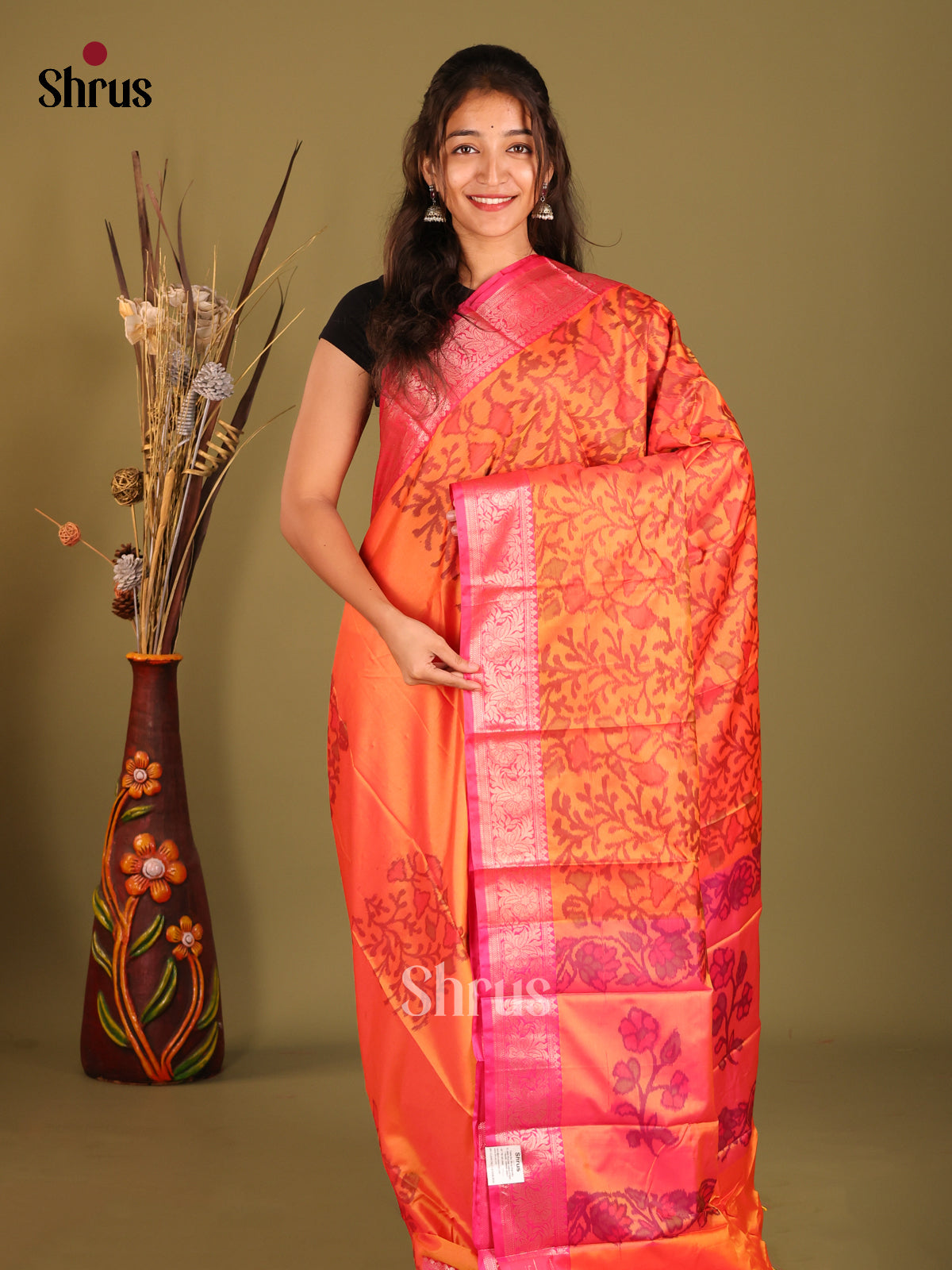 Orange & Pink- Semi Pochampally Saree - Shop on Shrus.com