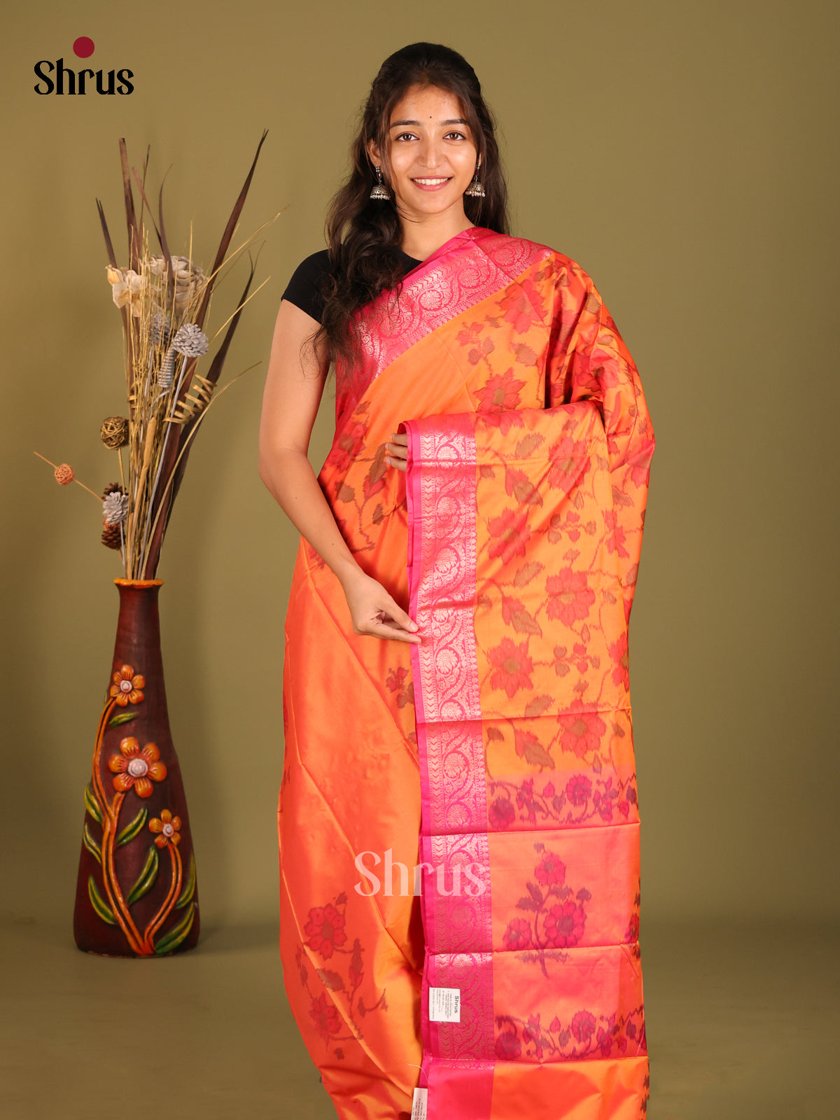 Oange & Pink - Semi Pochampally Saree - Shop on Shrus.com