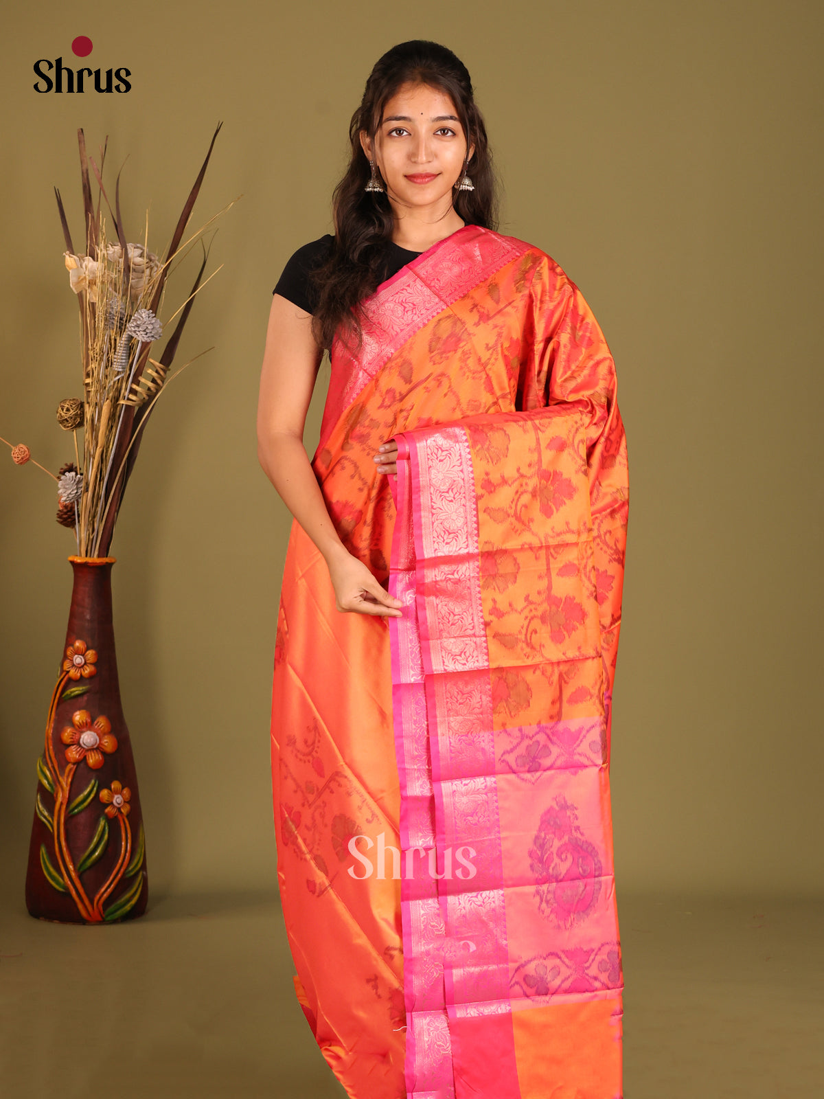 Orange & Pink - Semi Pochampally Saree - Shop on Shrus.com