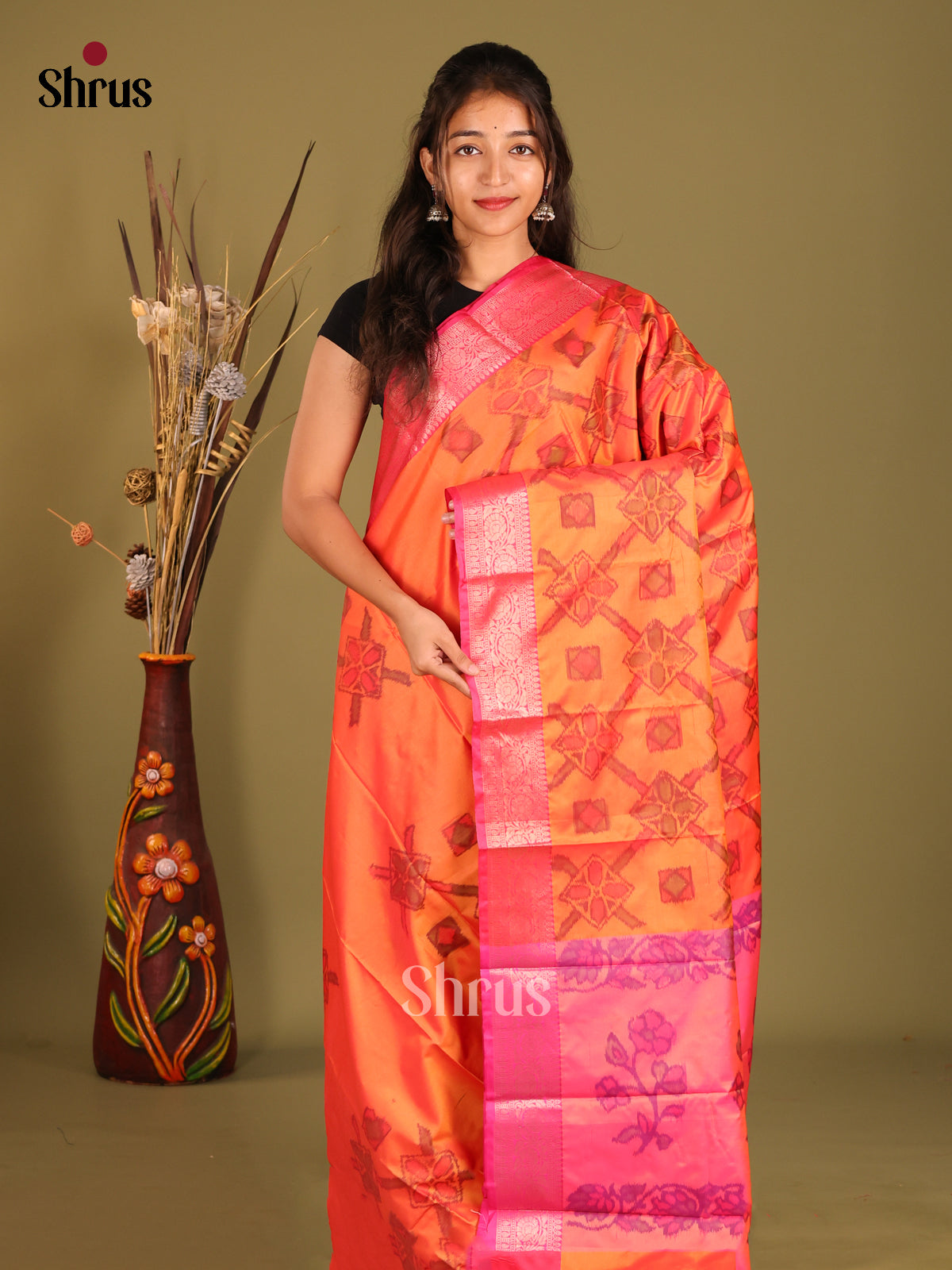 Orange & Pink- Semi Pochampally Saree - Shop on Shrus.com