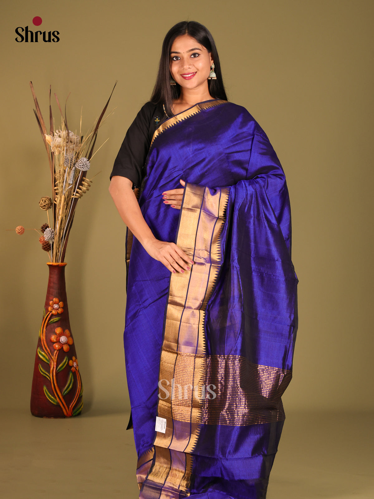 Blue single tone Mangalagiri silkcotton Saree with gold zari border