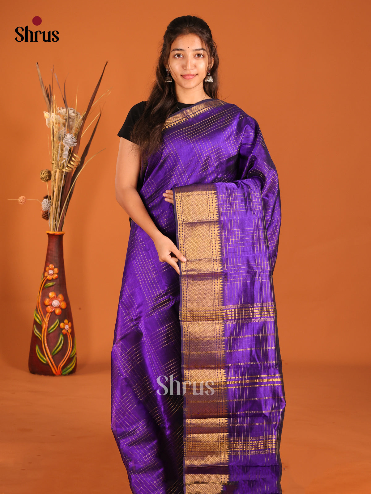Violet single tone Mangalagiri silkcotton Saree with rich zari border - Shop on Shrus.com