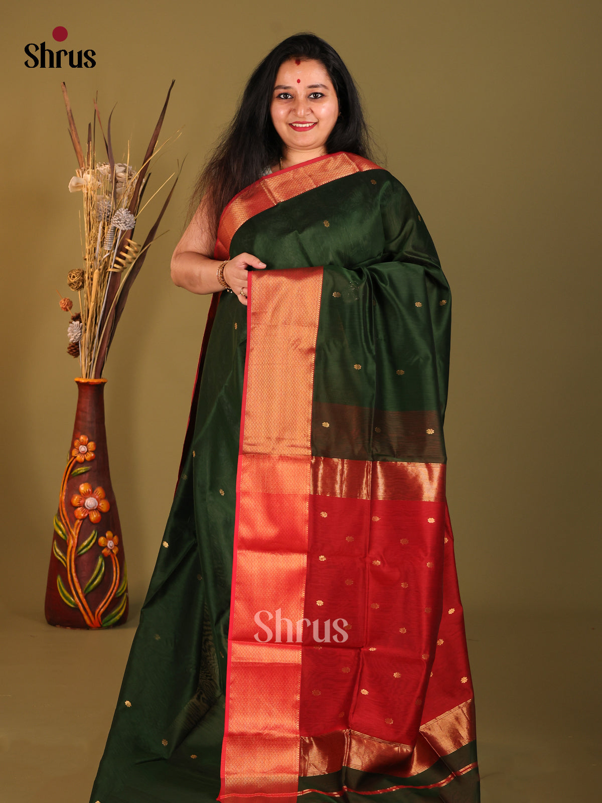 Green & Red - Maheshwari silkcotton Saree - Shop on Shrus.com