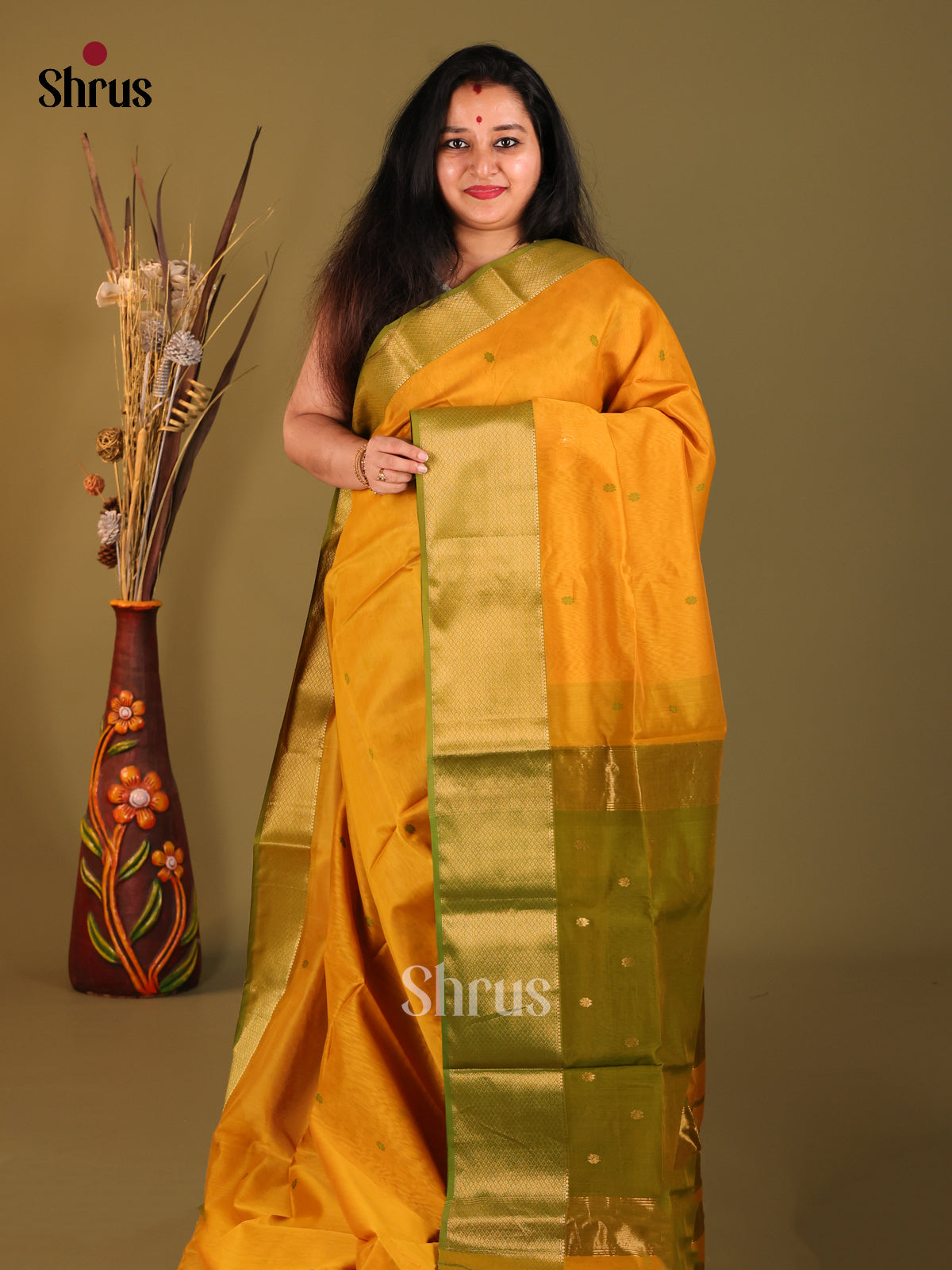 Mustard & Green- Maheshwari silkcotton Saree - Shop on Shrus.com